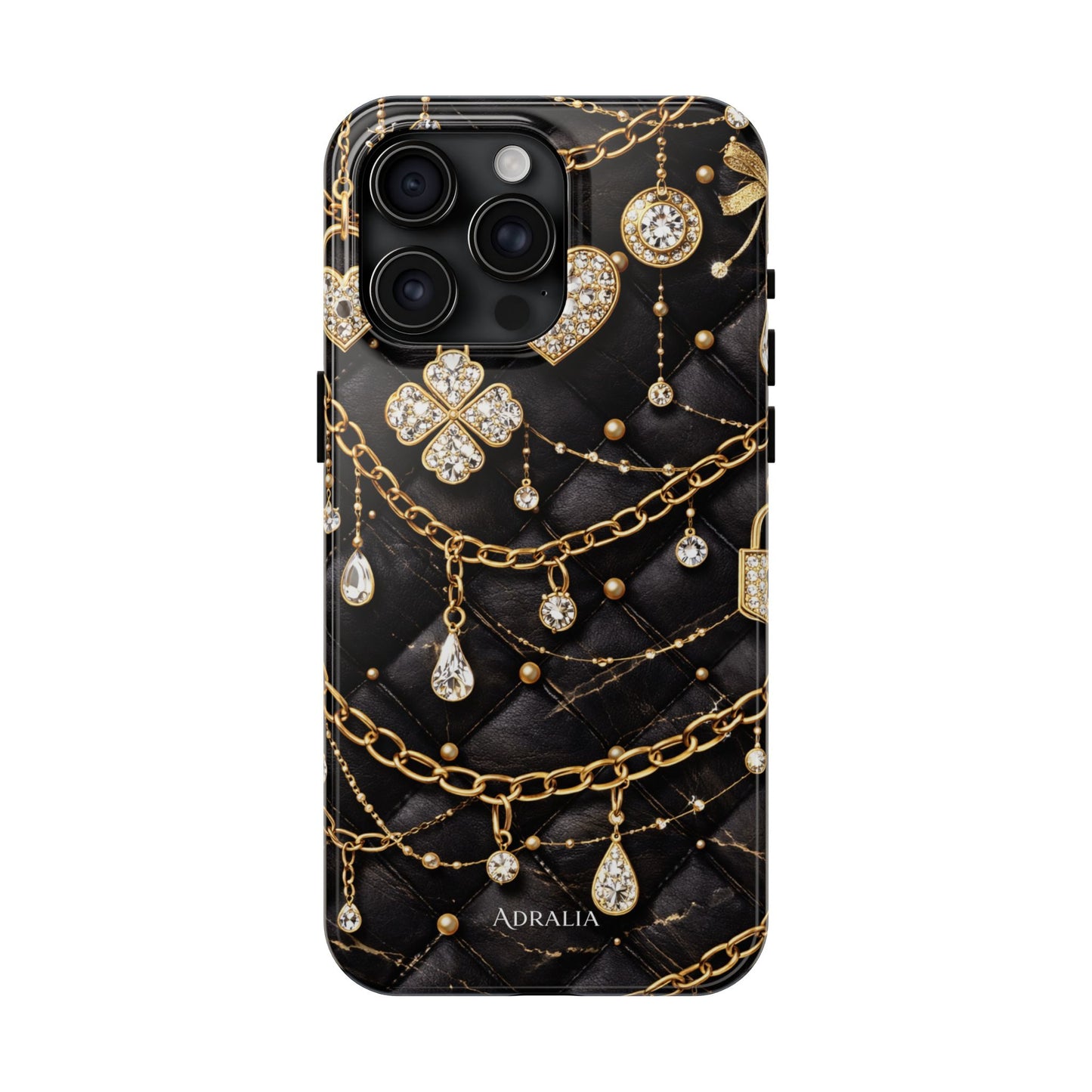 Quilted Black Luxe Phone Case — Gold Chain & Jewel Charm Design