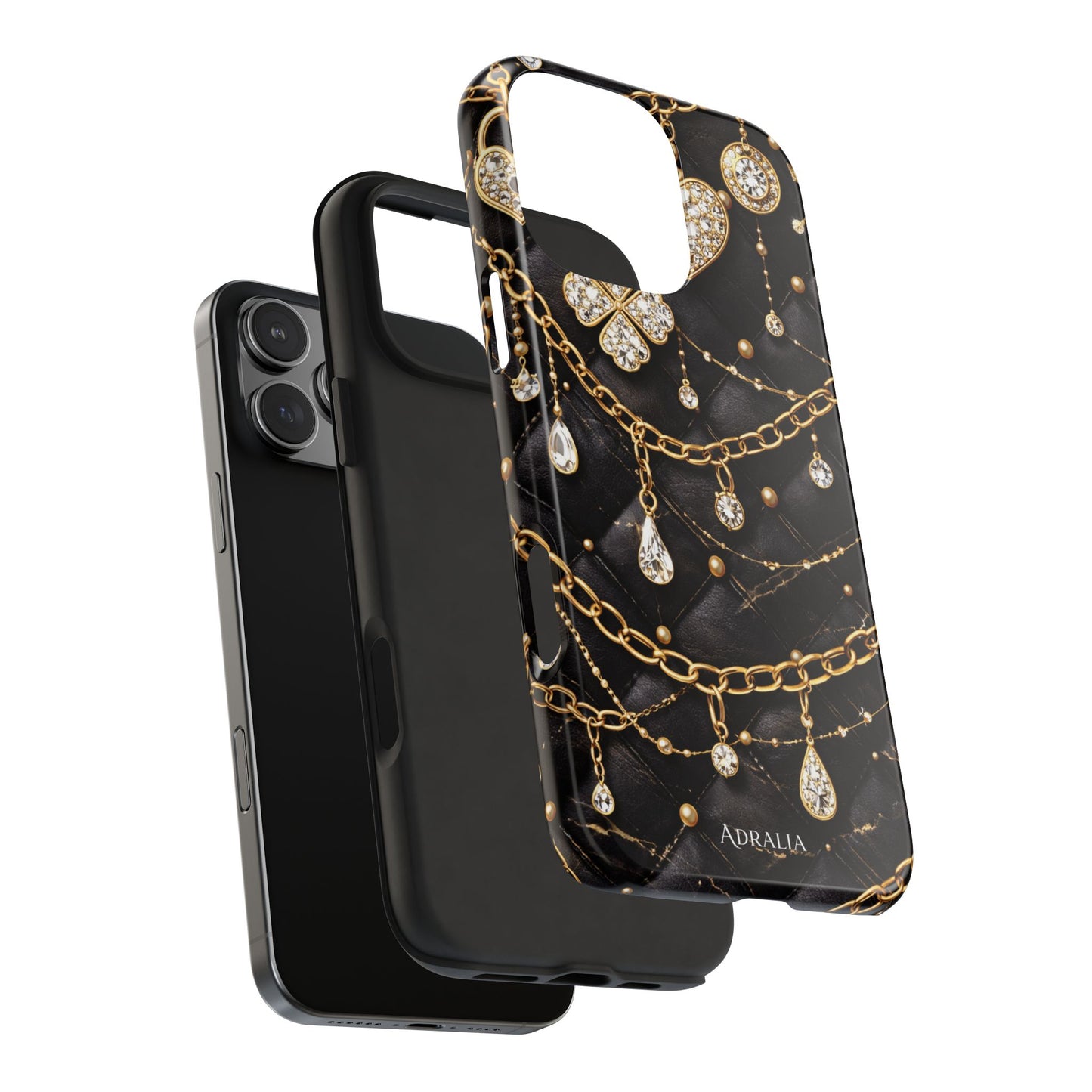 Quilted Black Luxe Phone Case — Gold Chain & Jewel Charm Design