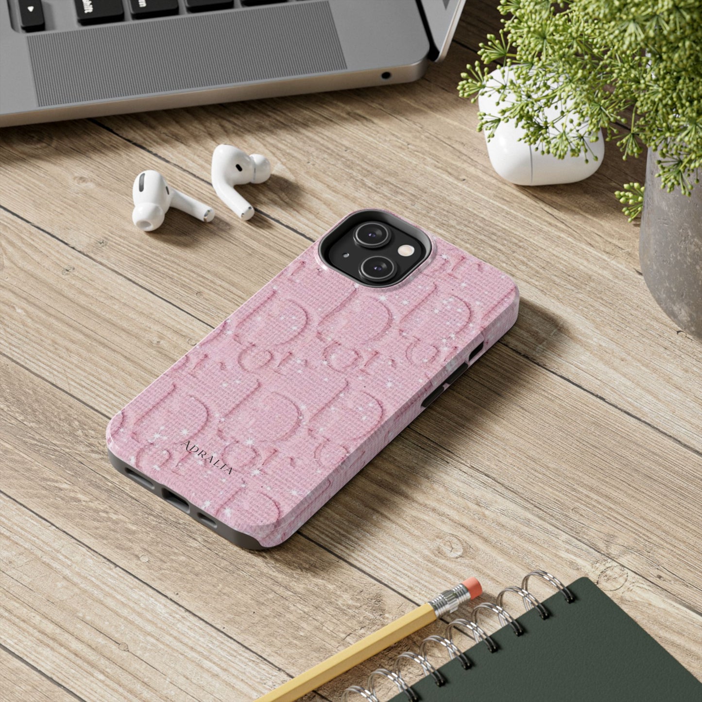 Pink Embossed Tough Phone Case – 'Adralia' Glitter Monogram Protective Cover