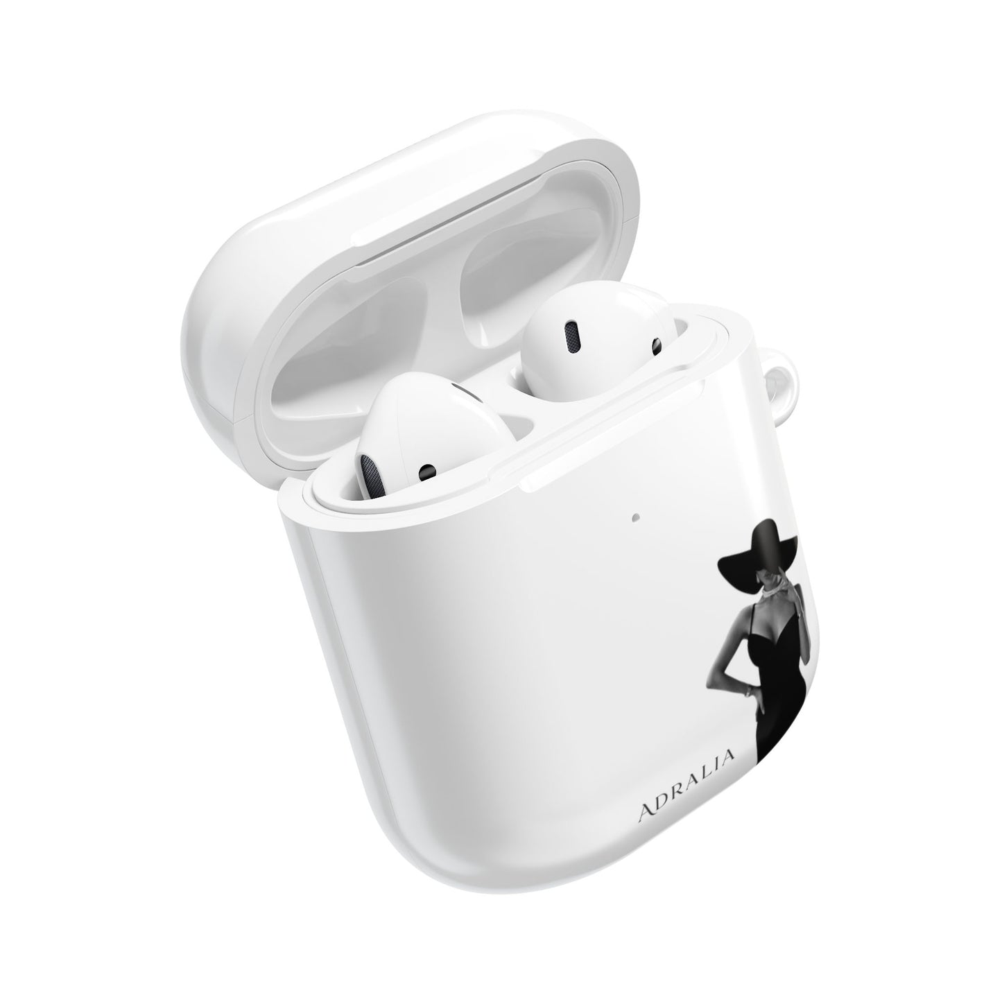 AirPods Case — Elegant Black Hat Silhouette with 'ADRALIA' Text