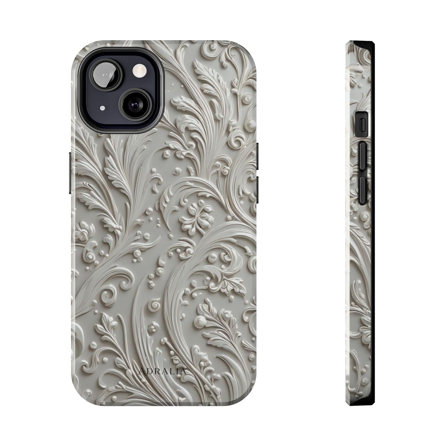 Ornate Baroque Relief Tough Phone Case — Gray Floral Scroll Protective Cover