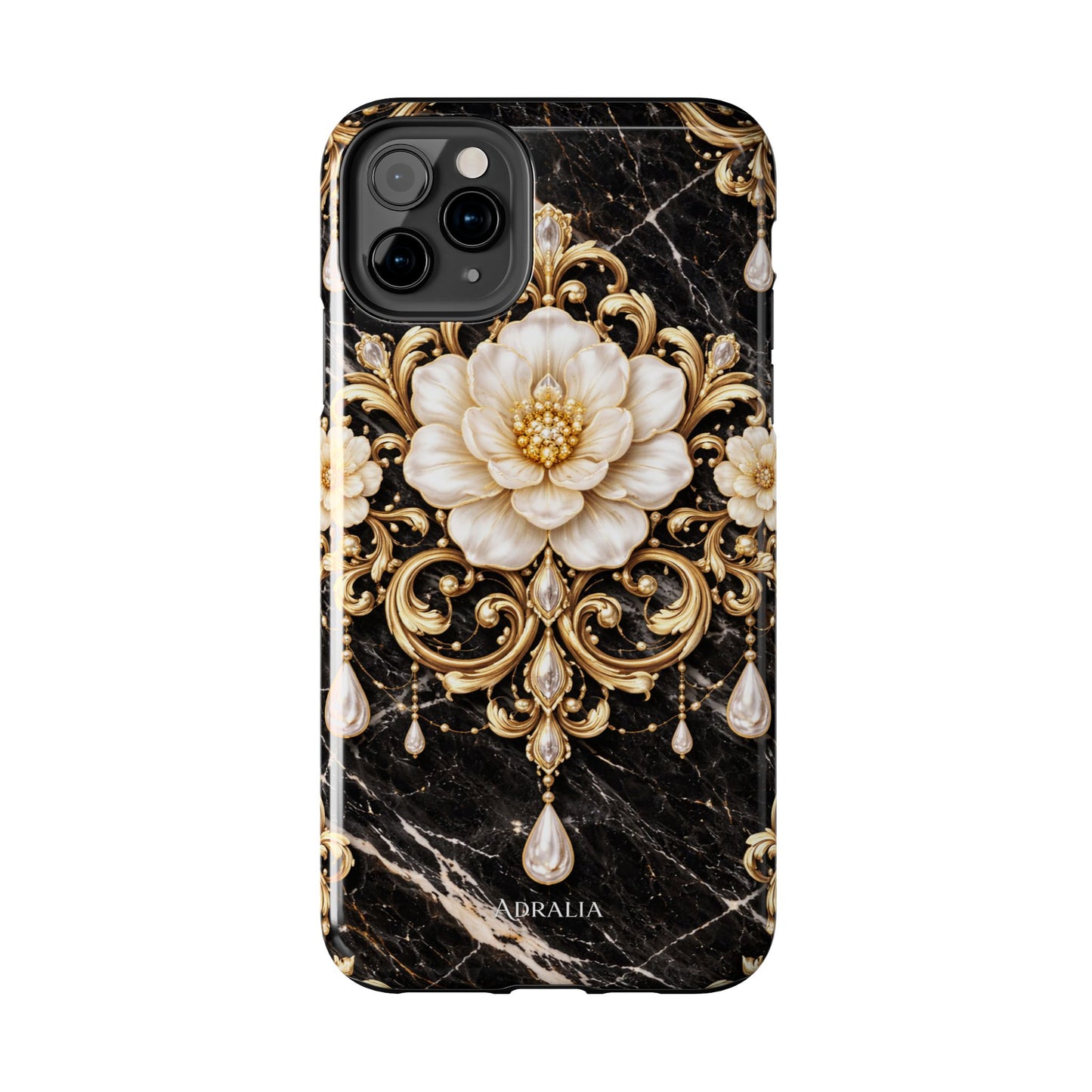 Phone Case — Black Marble Floral Baroque Tough Protective Cover