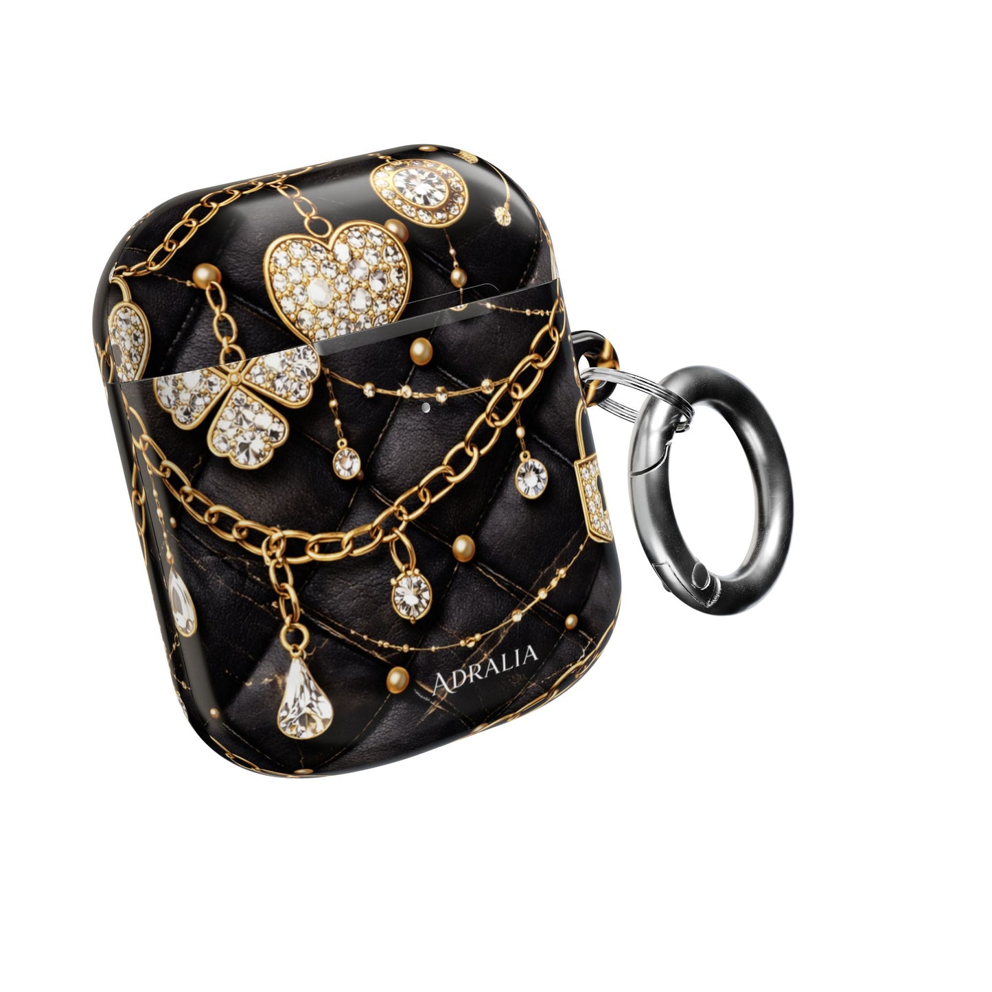 Lux Quilted Black AirPod Case — Gold Chain & Diamond Lock Design