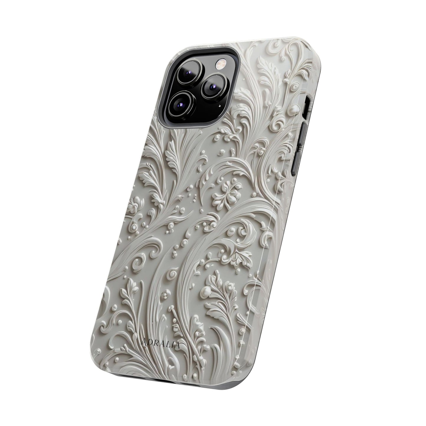 Ornate Baroque Relief Tough Phone Case — Gray Floral Scroll Protective Cover