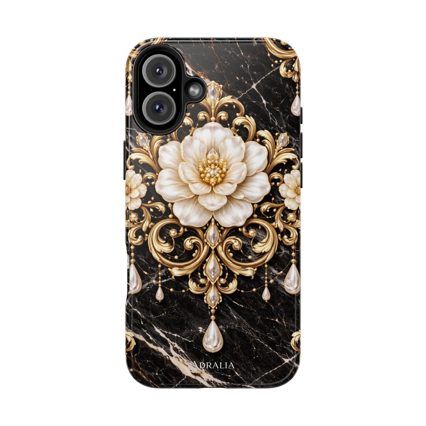 Phone Case — Black Marble Floral Baroque Tough Protective Cover