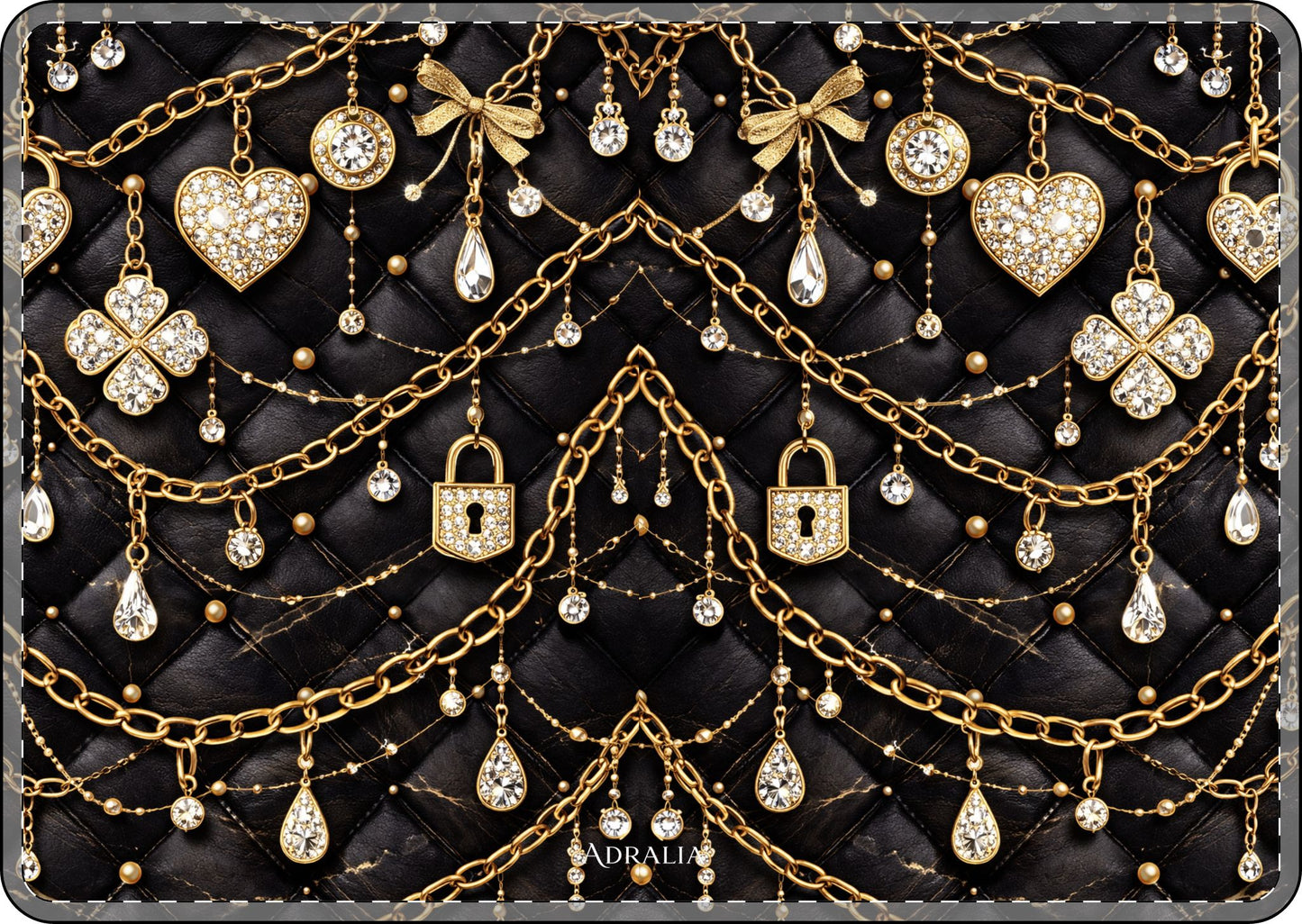 Jeweled Chains MacBook Case — Black Quilted Gold Lock & Diamond Charms