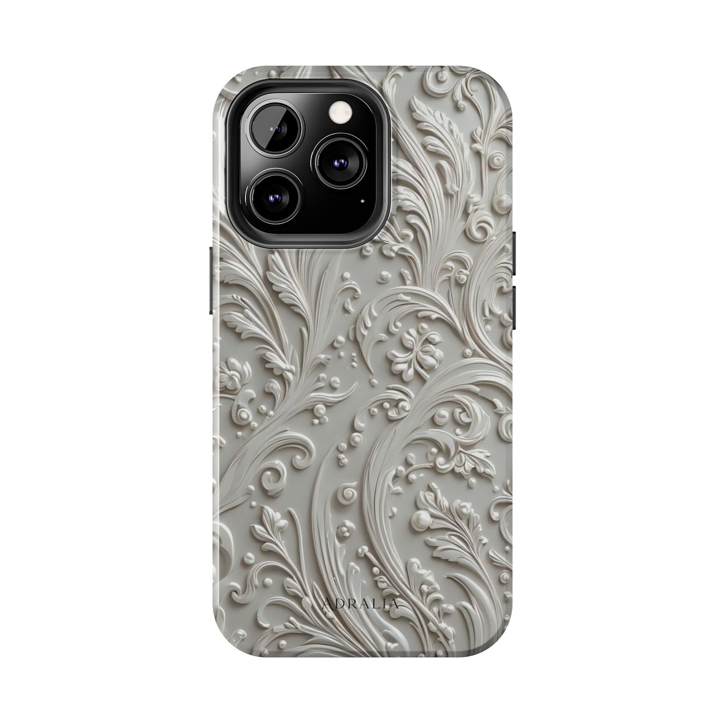 Ornate Baroque Relief Tough Phone Case — Gray Floral Scroll Protective Cover