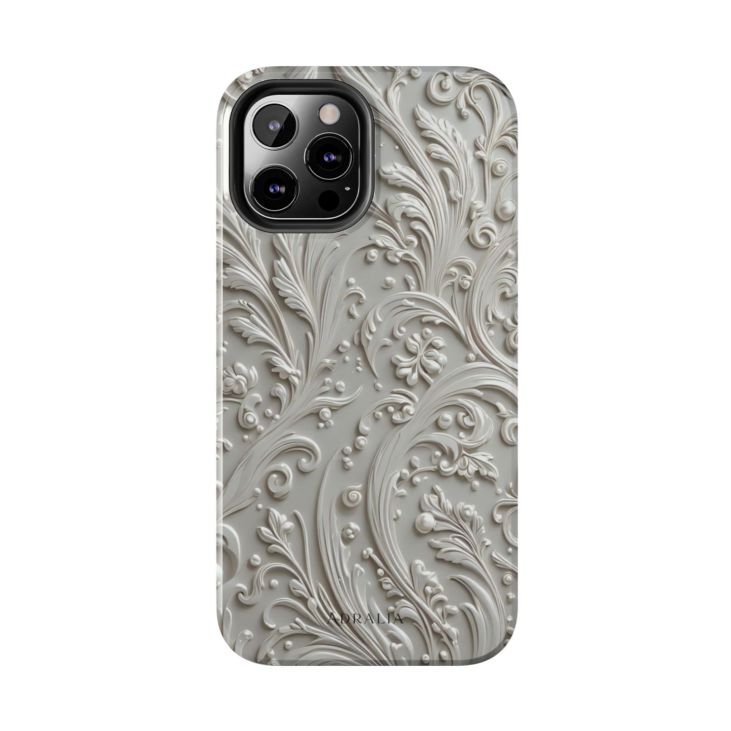 Ornate Baroque Relief Tough Phone Case — Gray Floral Scroll Protective Cover