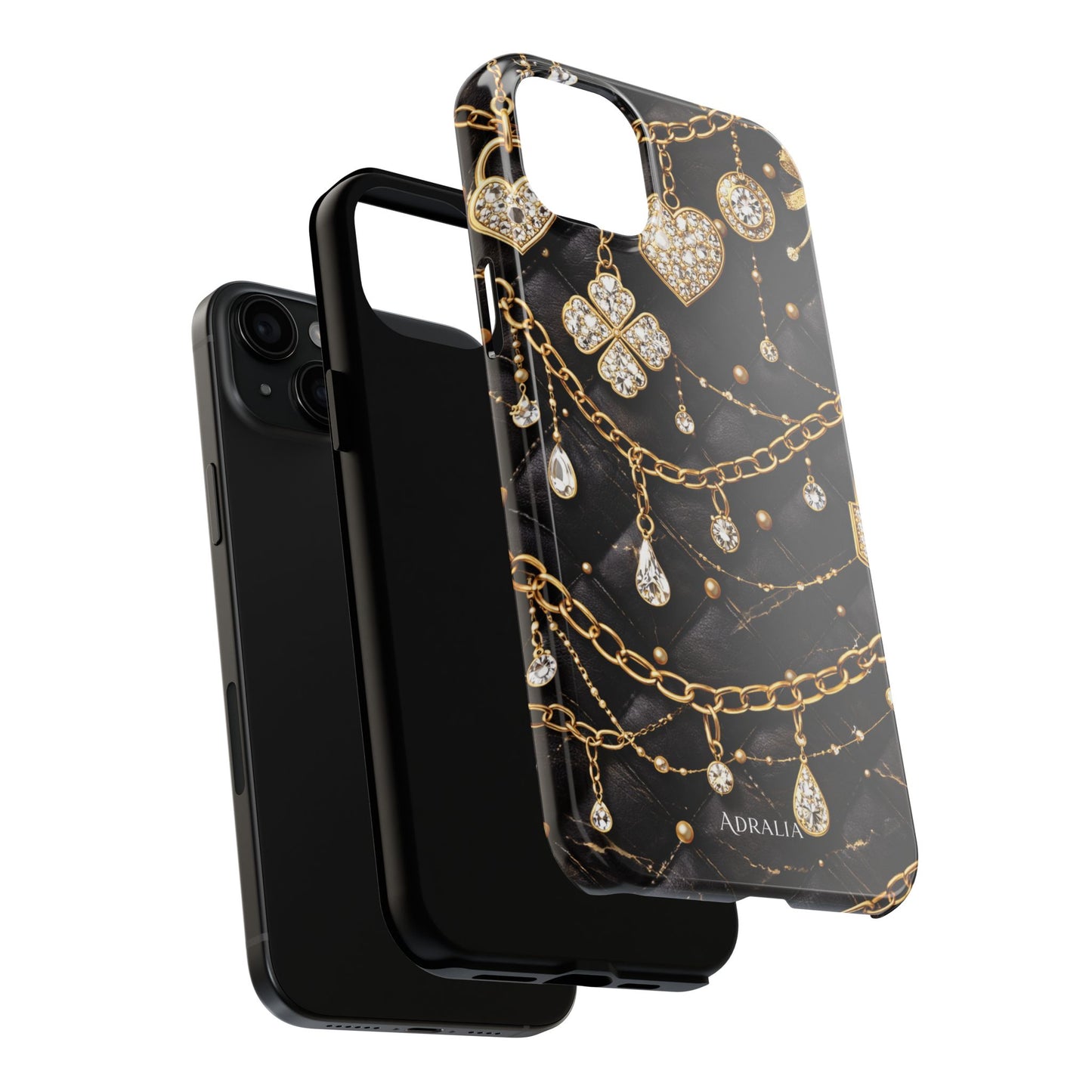Quilted Black Luxe Phone Case — Gold Chain & Jewel Charm Design