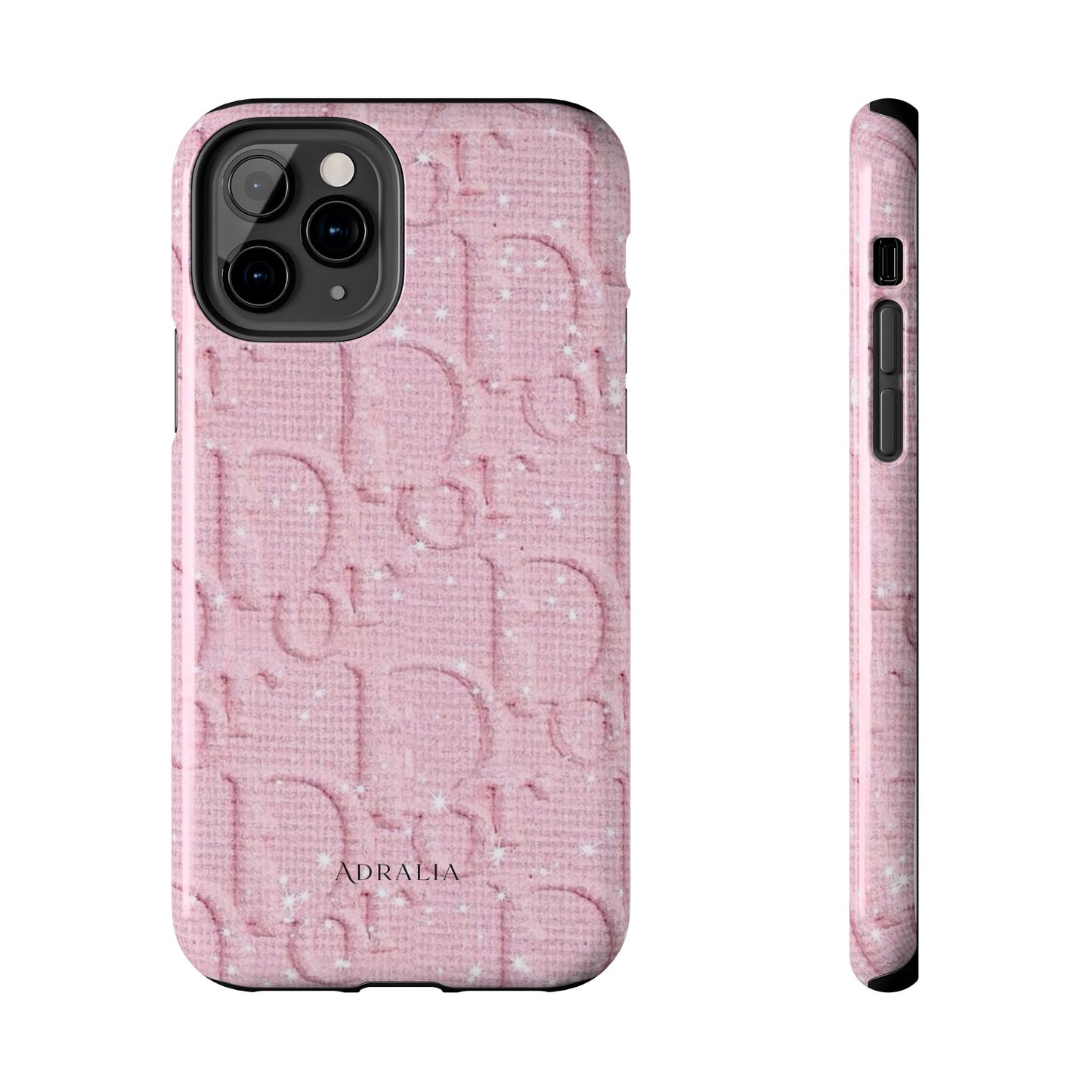 Pink Embossed Tough Phone Case – 'Adralia' Glitter Monogram Protective Cover