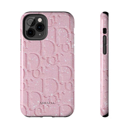 Pink Embossed Tough Phone Case – 'Adralia' Glitter Monogram Protective Cover