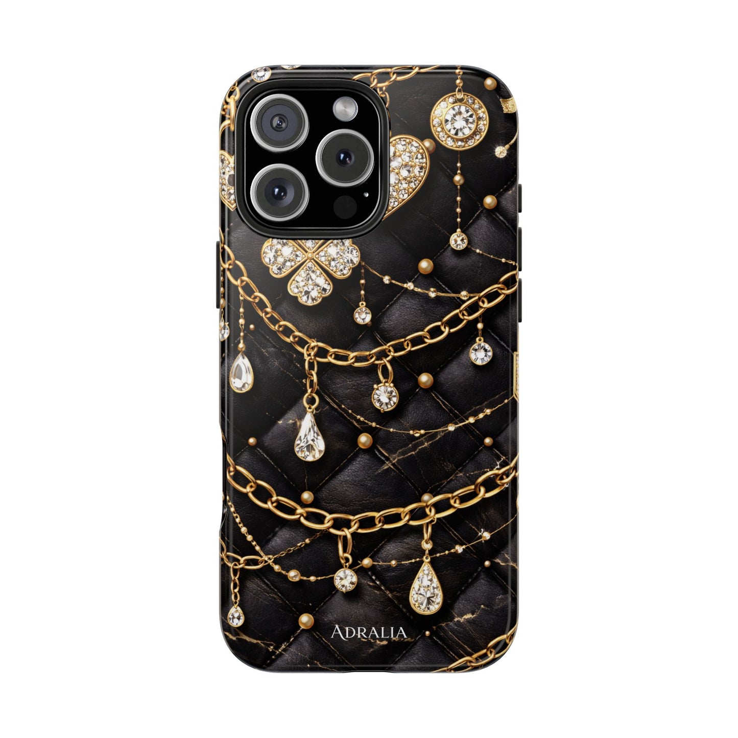 Quilted Black Luxe Phone Case — Gold Chain & Jewel Charm Design