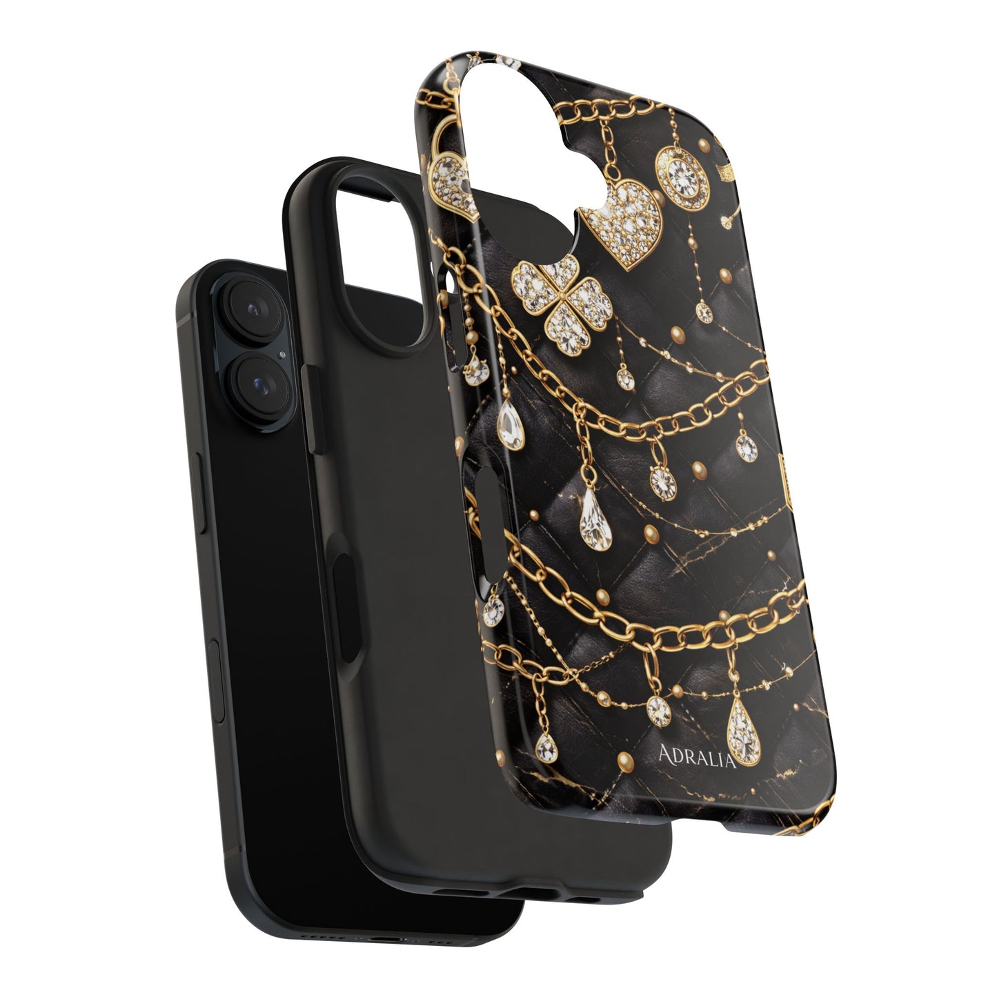 Quilted Black Luxe Phone Case — Gold Chain & Jewel Charm Design