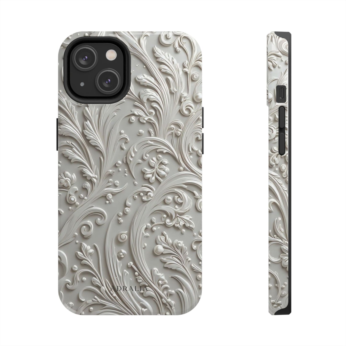 Ornate Baroque Relief Tough Phone Case — Gray Floral Scroll Protective Cover