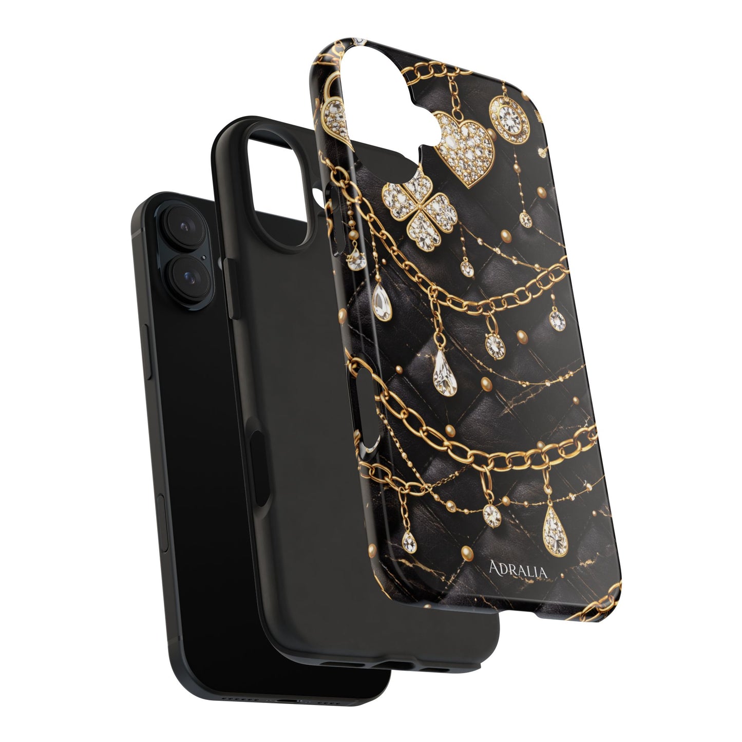 Quilted Black Luxe Phone Case — Gold Chain & Jewel Charm Design