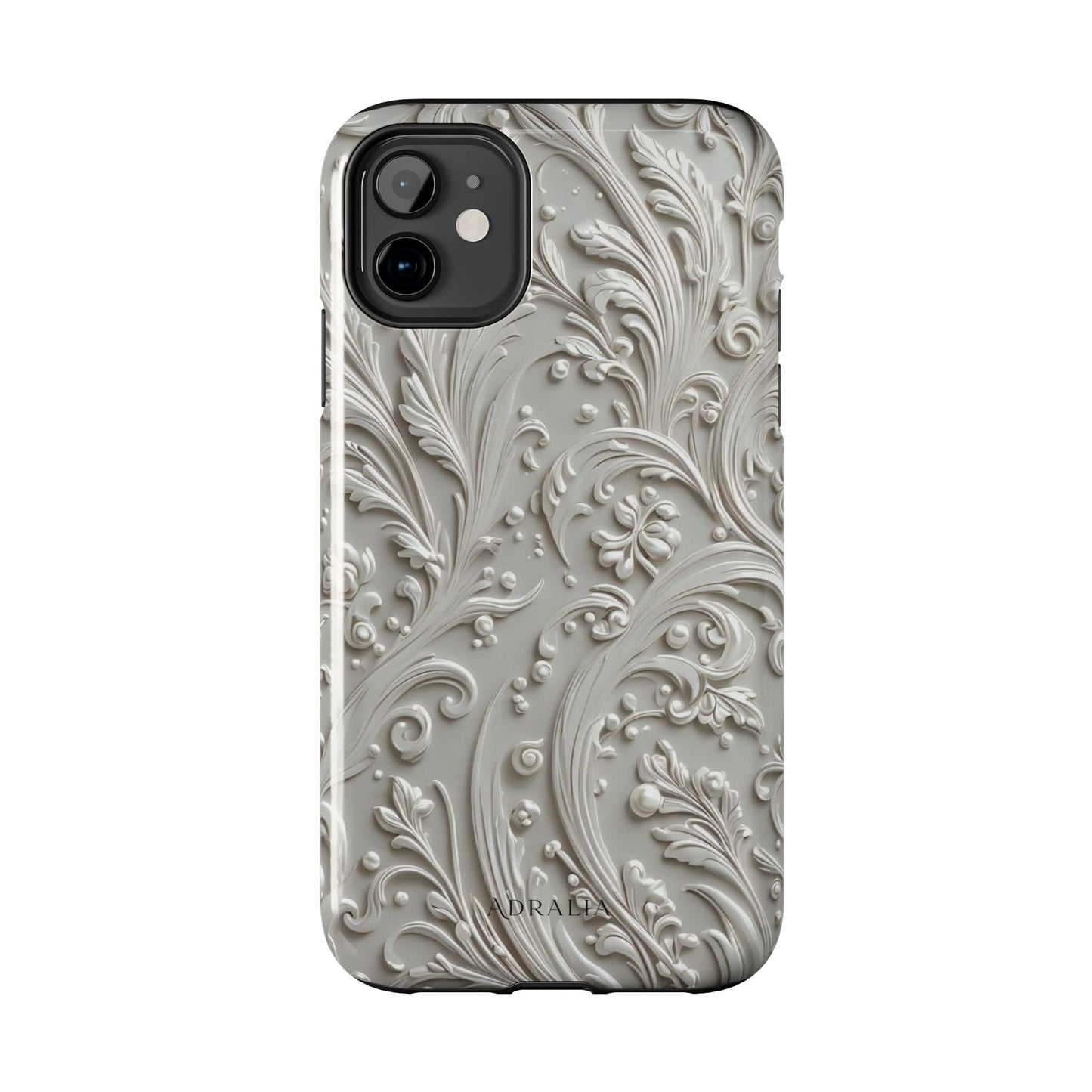 Ornate Baroque Relief Tough Phone Case — Gray Floral Scroll Protective Cover