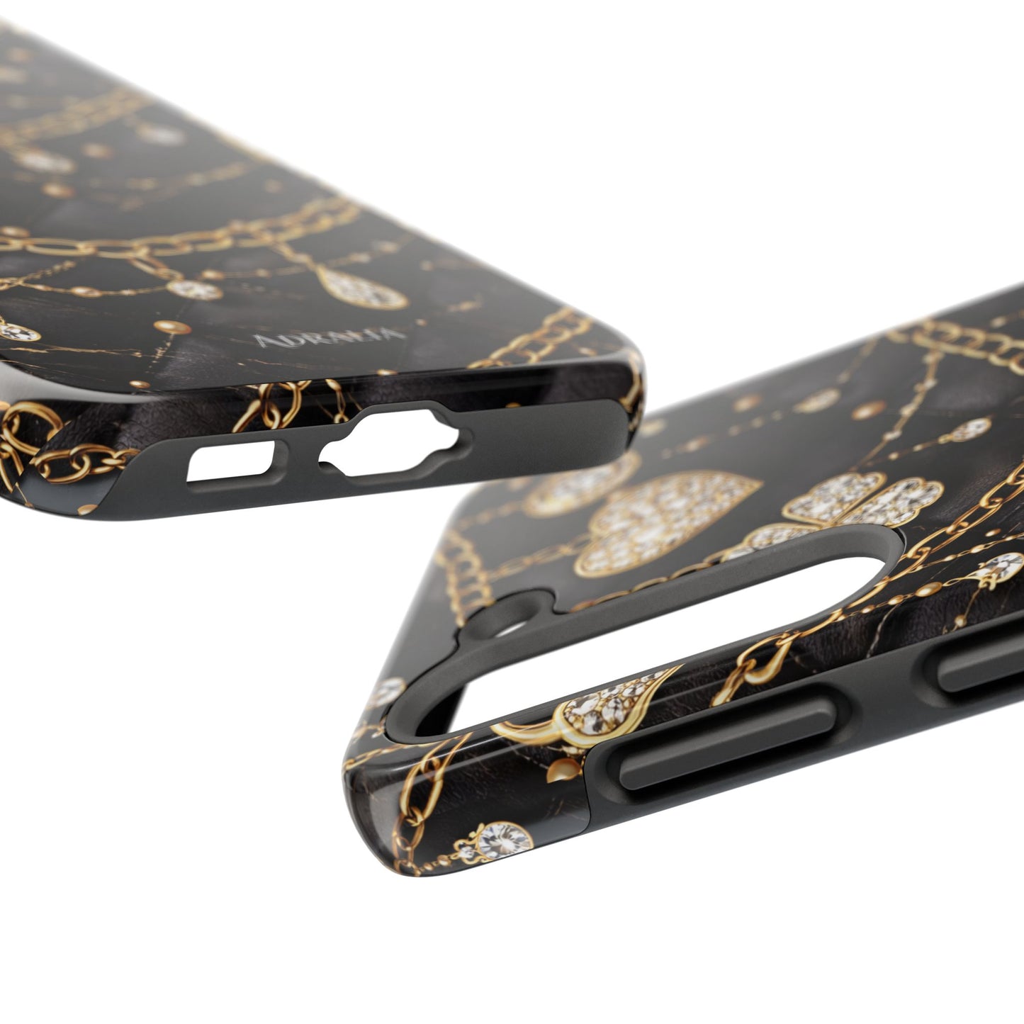 Quilted Black Luxe Phone Case — Gold Chain & Jewel Charm Design