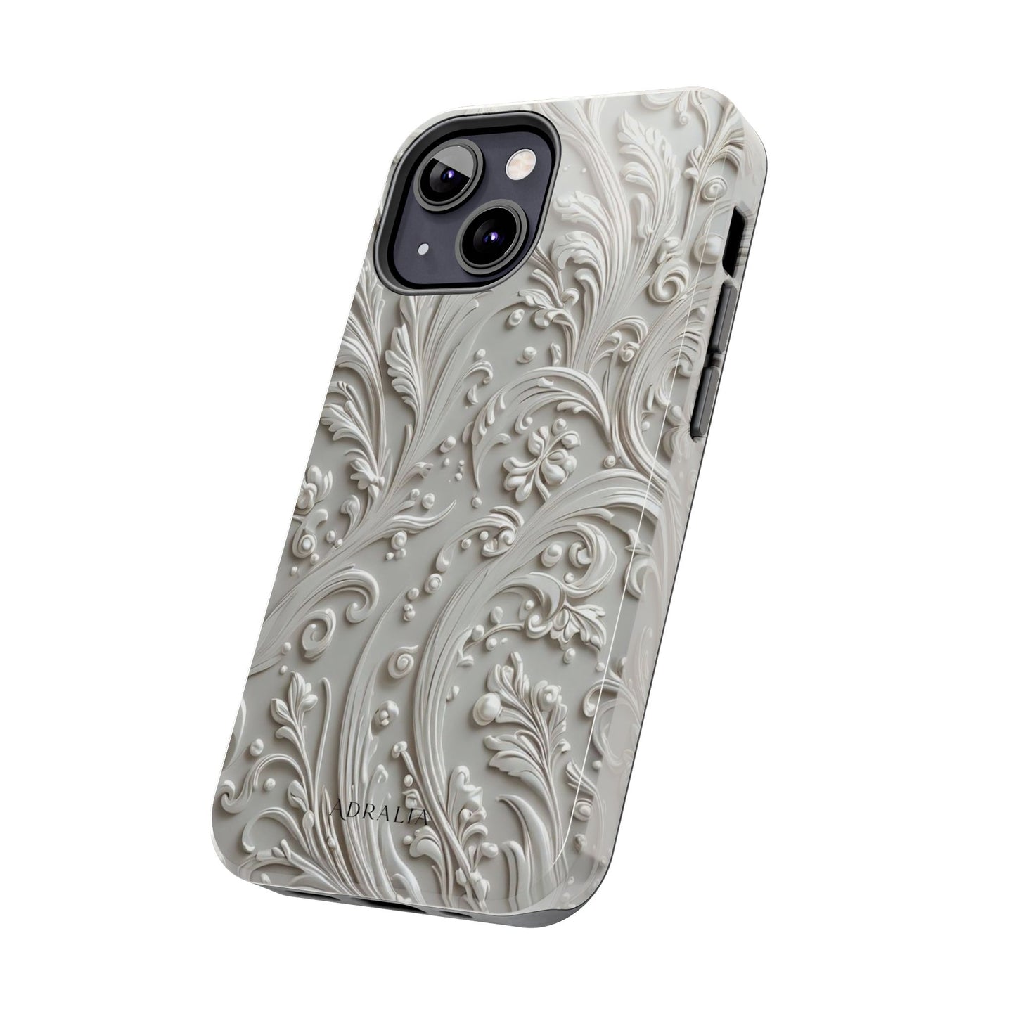 Ornate Baroque Relief Tough Phone Case — Gray Floral Scroll Protective Cover