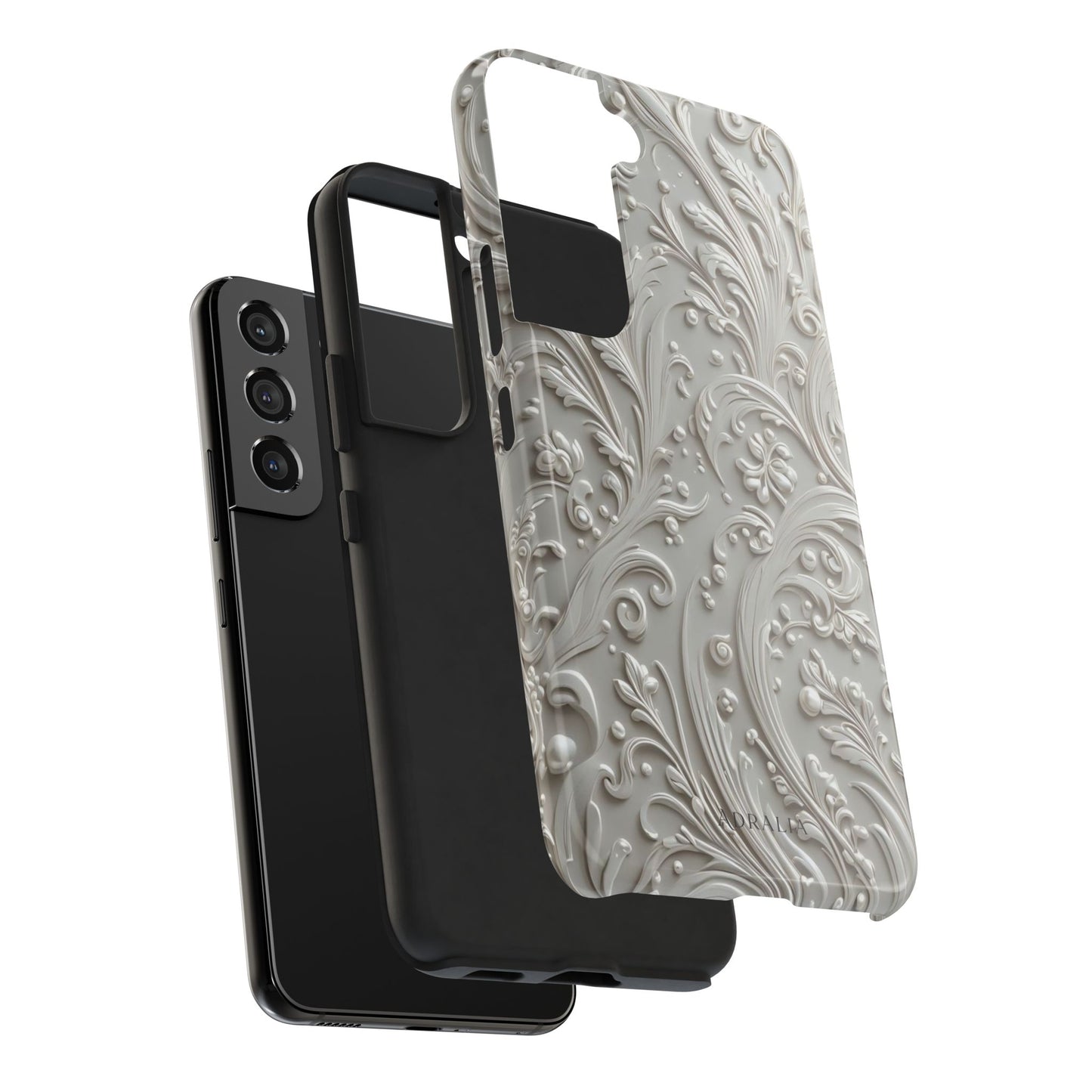 Ornate Baroque Relief Tough Phone Case — Gray Floral Scroll Protective Cover