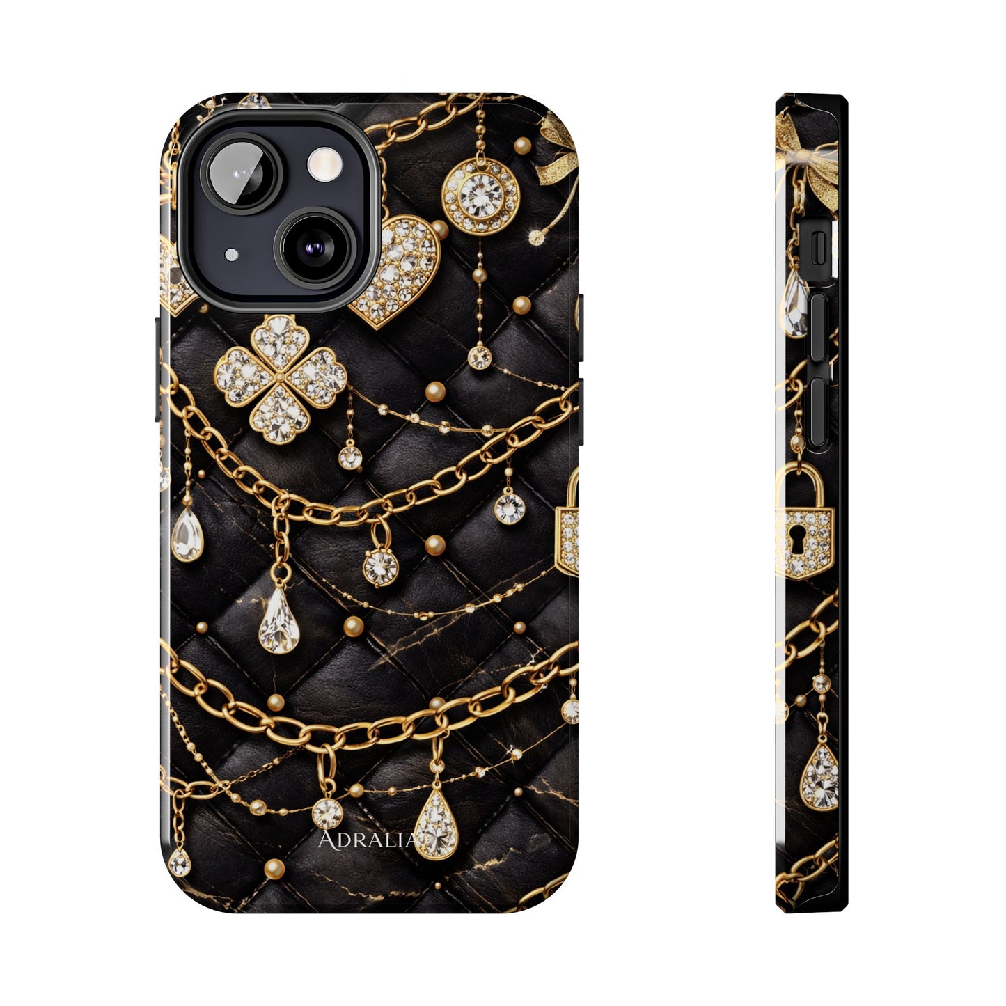 Quilted Black Luxe Phone Case — Gold Chain & Jewel Charm Design