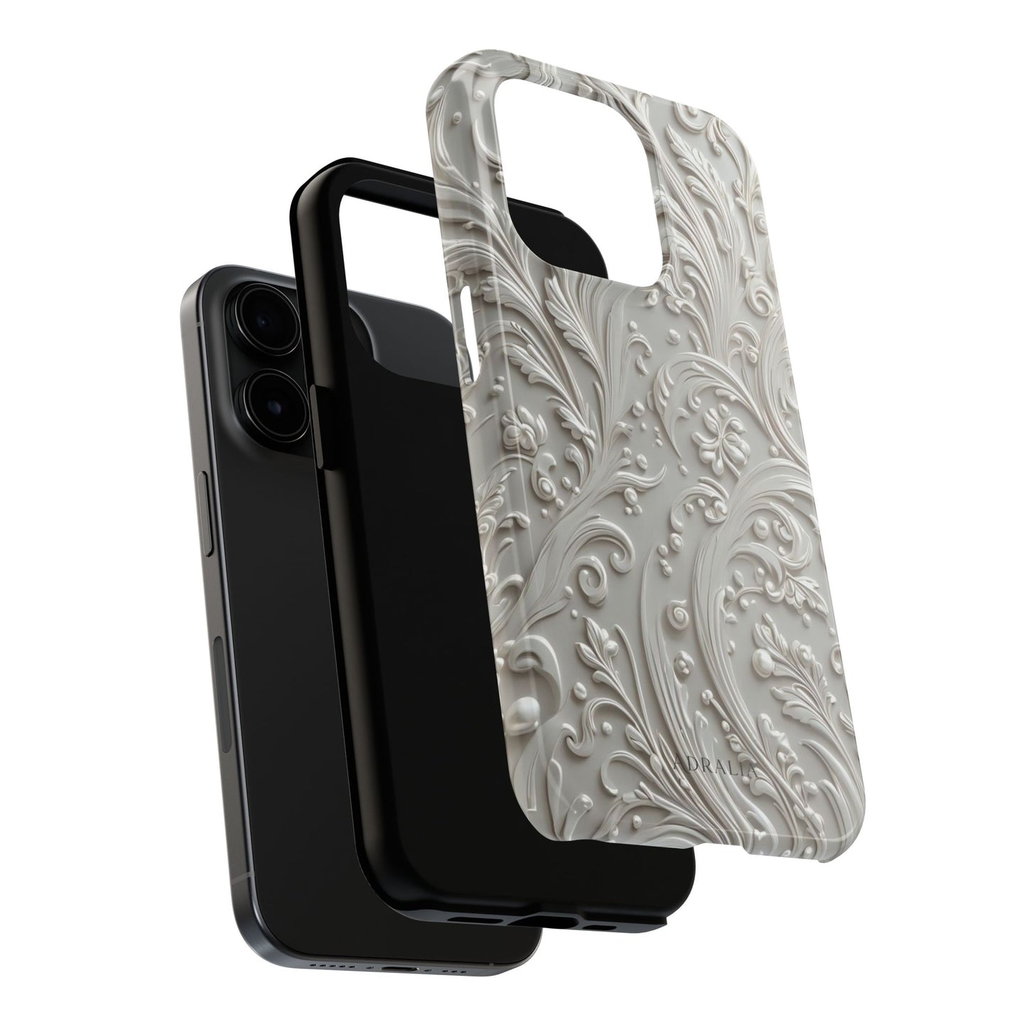 Ornate Baroque Relief Tough Phone Case — Gray Floral Scroll Protective Cover