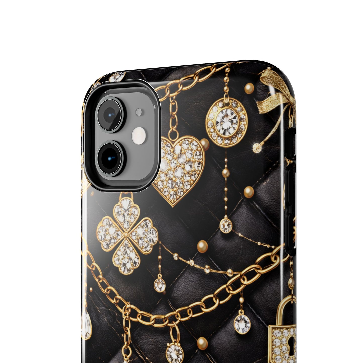 Quilted Black Luxe Phone Case — Gold Chain & Jewel Charm Design
