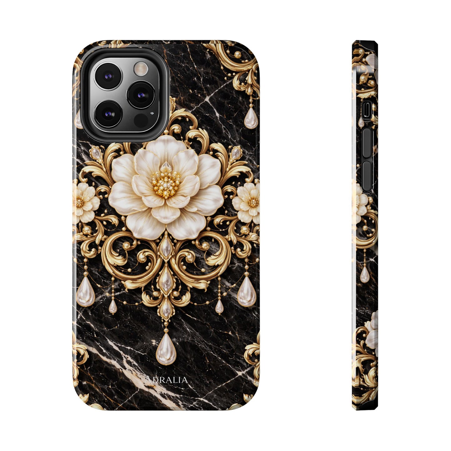 Phone Case — Black Marble Floral Baroque Tough Protective Cover