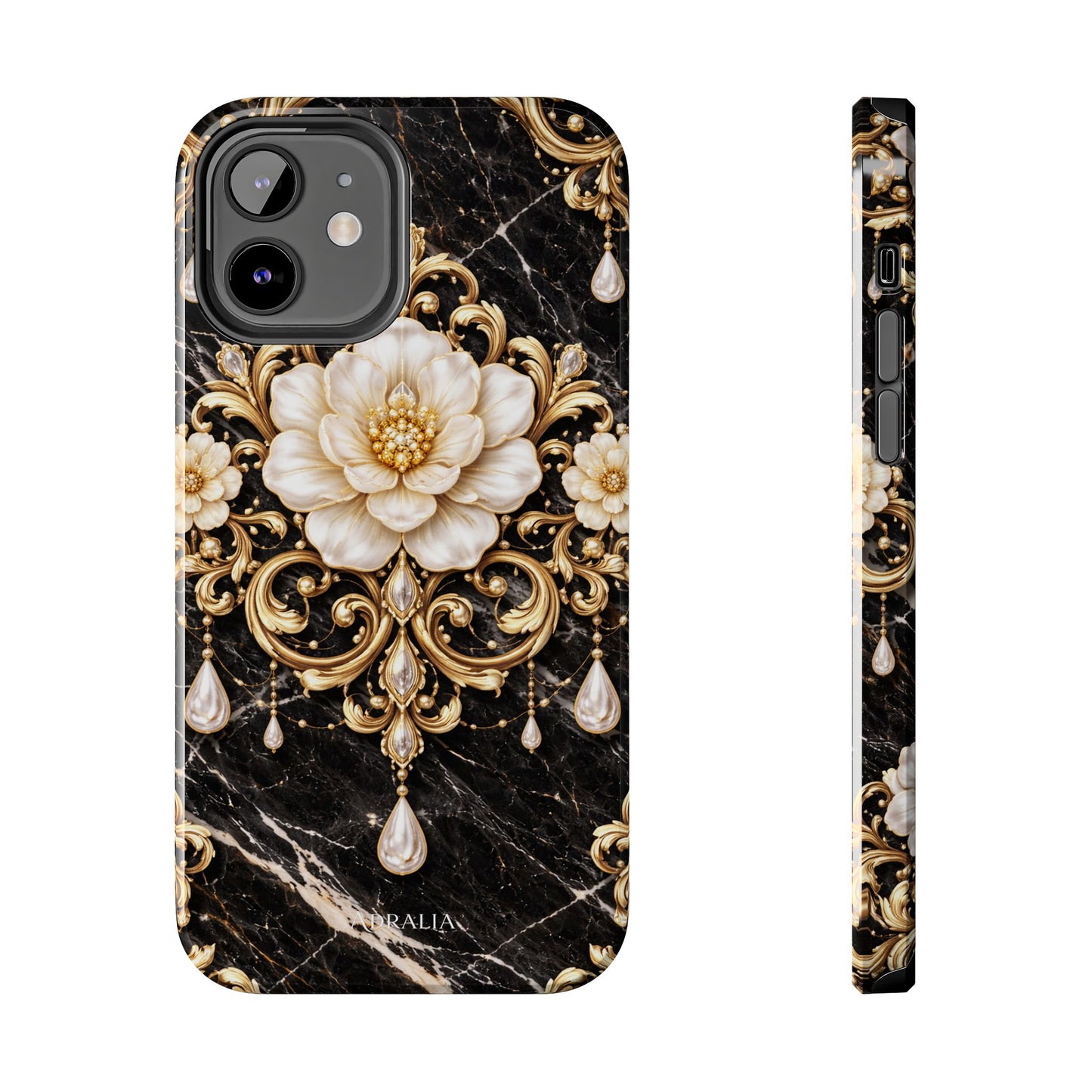 Phone Case — Black Marble Floral Baroque Tough Protective Cover