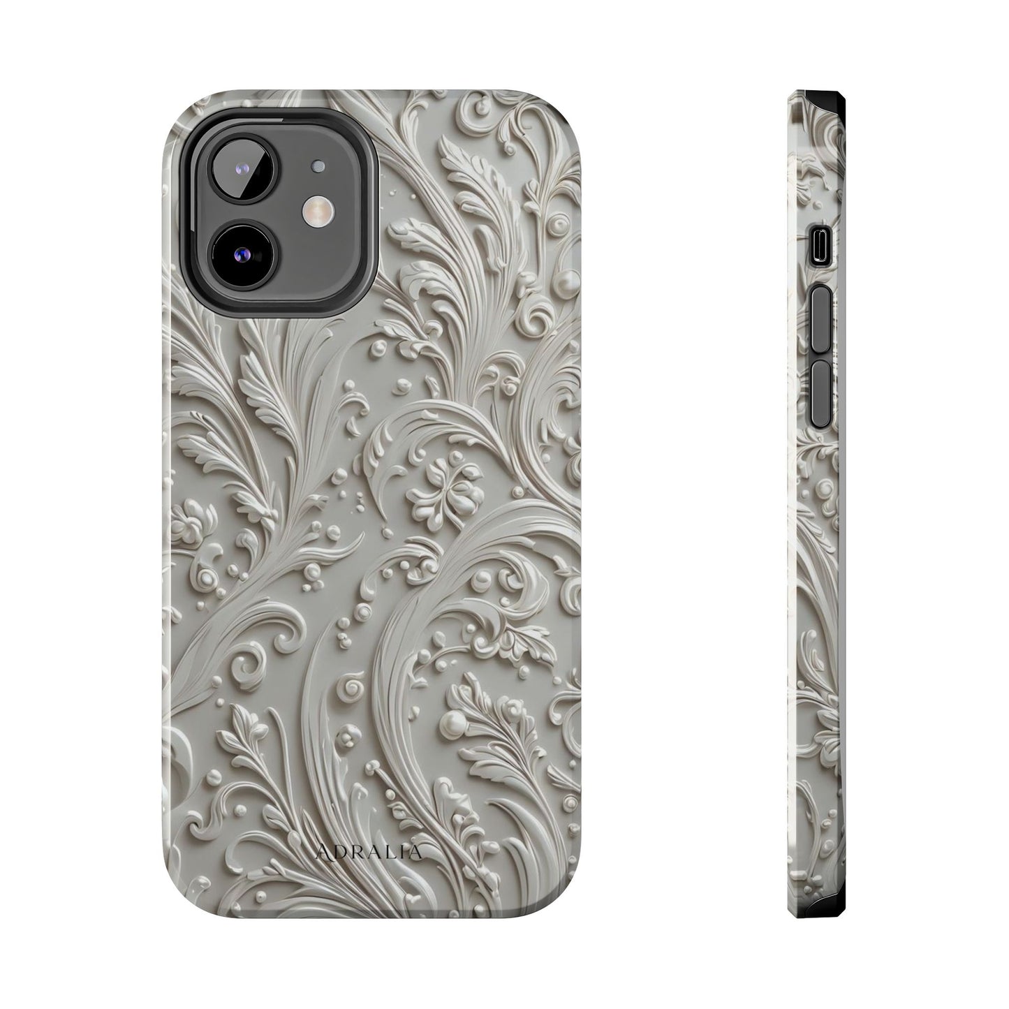 Ornate Baroque Relief Tough Phone Case — Gray Floral Scroll Protective Cover