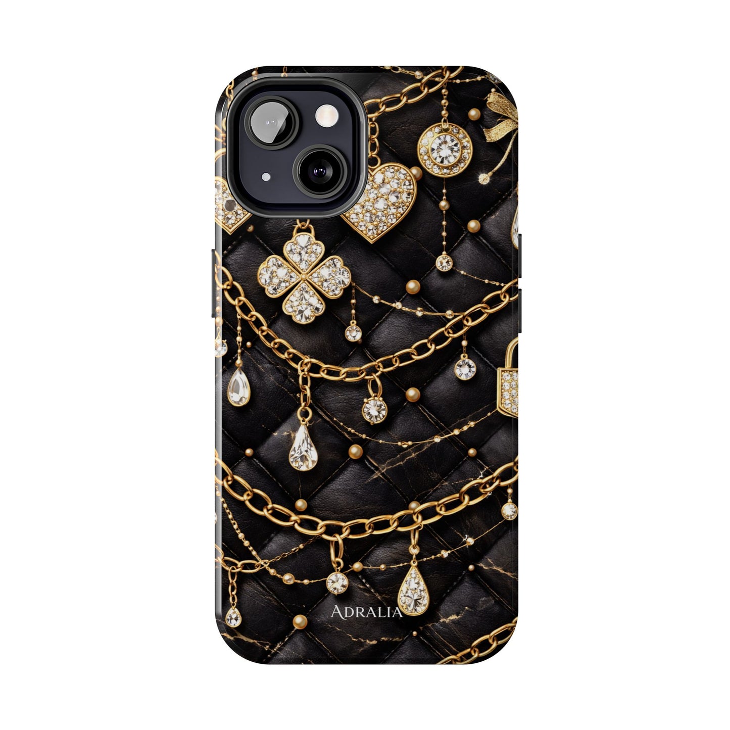 Quilted Black Luxe Phone Case — Gold Chain & Jewel Charm Design