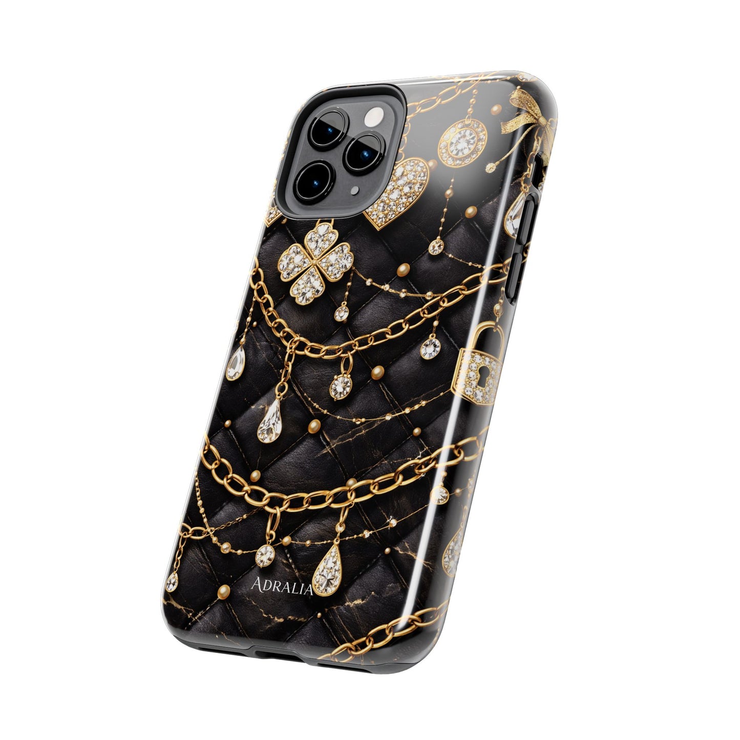 Quilted Black Luxe Phone Case — Gold Chain & Jewel Charm Design