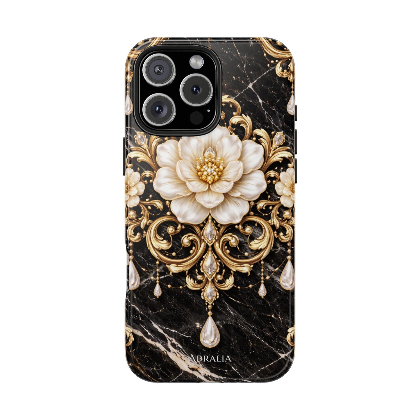 Phone Case — Black Marble Floral Baroque Tough Protective Cover