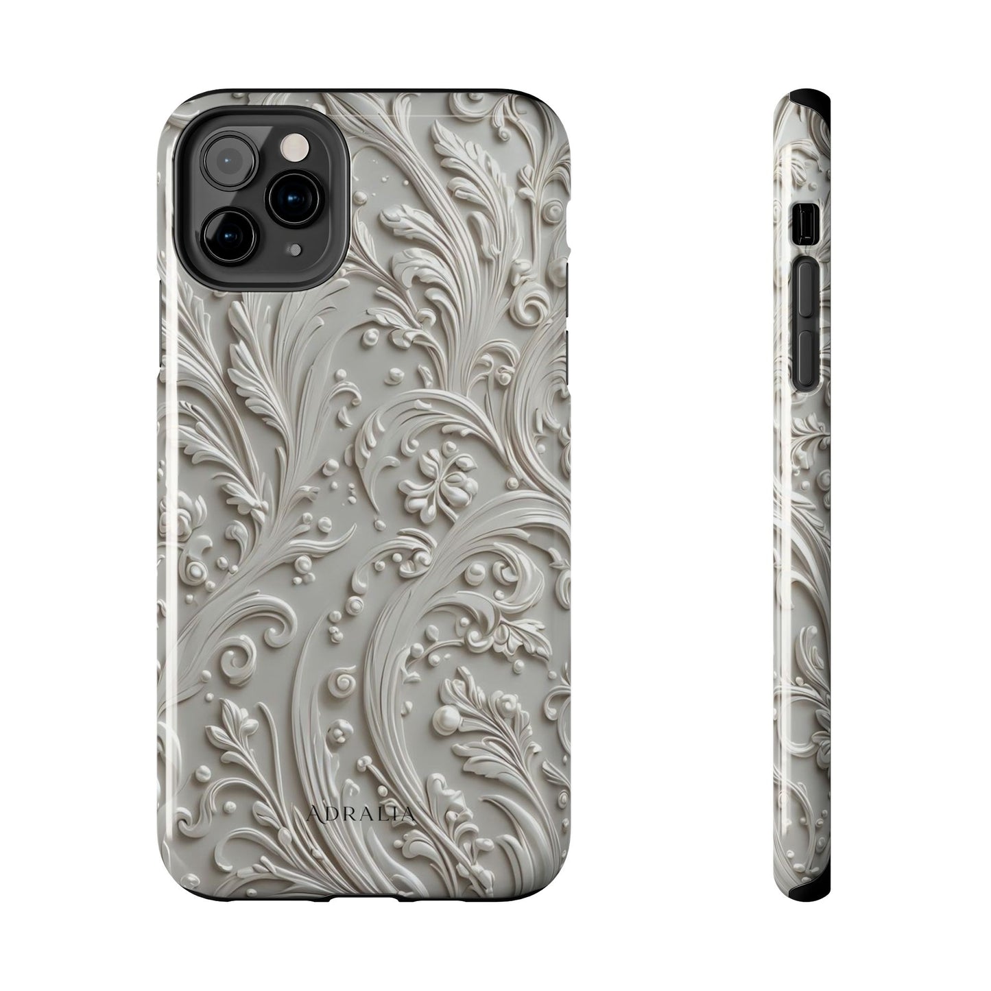 Ornate Baroque Relief Tough Phone Case — Gray Floral Scroll Protective Cover