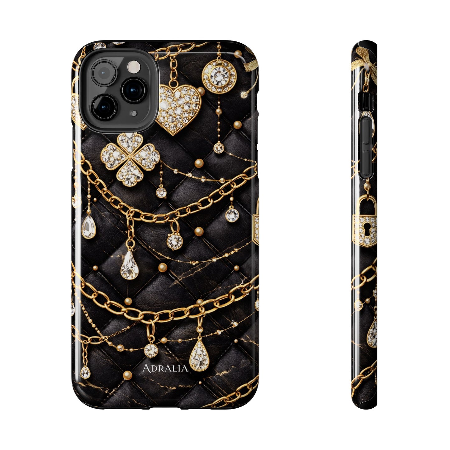 Quilted Black Luxe Phone Case — Gold Chain & Jewel Charm Design