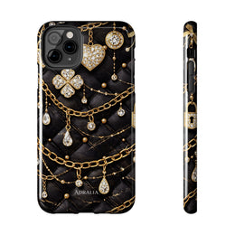 Quilted Black Luxe Phone Case — Gold Chain & Jewel Charm Design