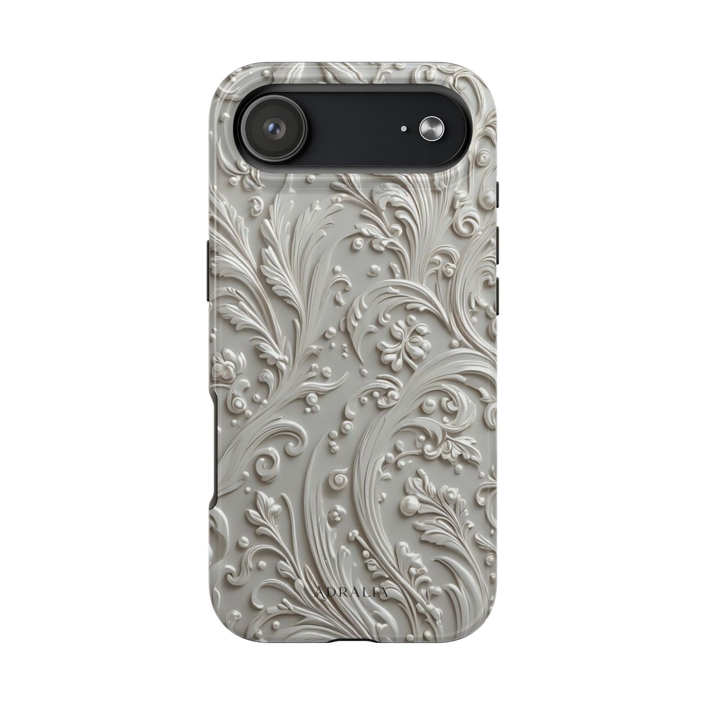 Ornate Baroque Relief Tough Phone Case — Gray Floral Scroll Protective Cover