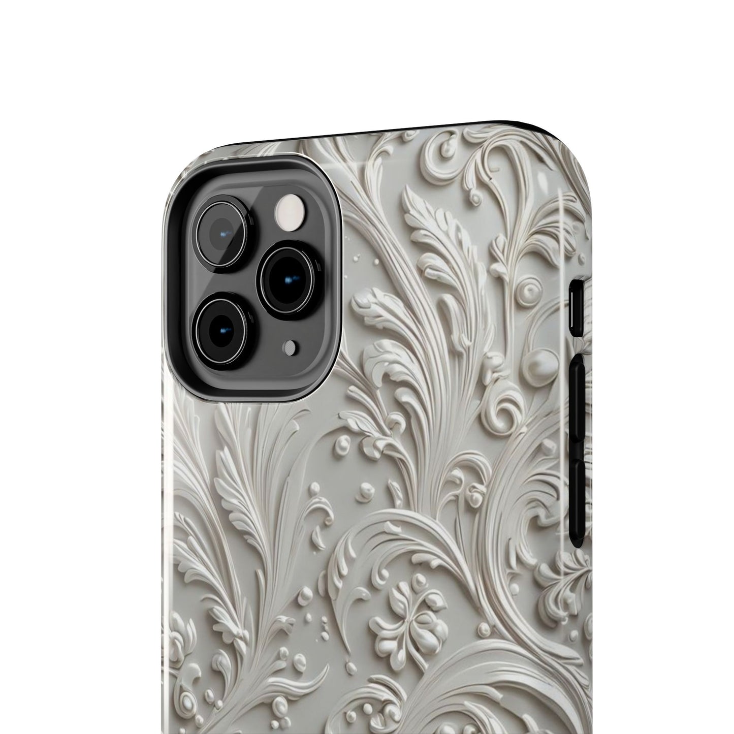 Ornate Baroque Relief Tough Phone Case — Gray Floral Scroll Protective Cover
