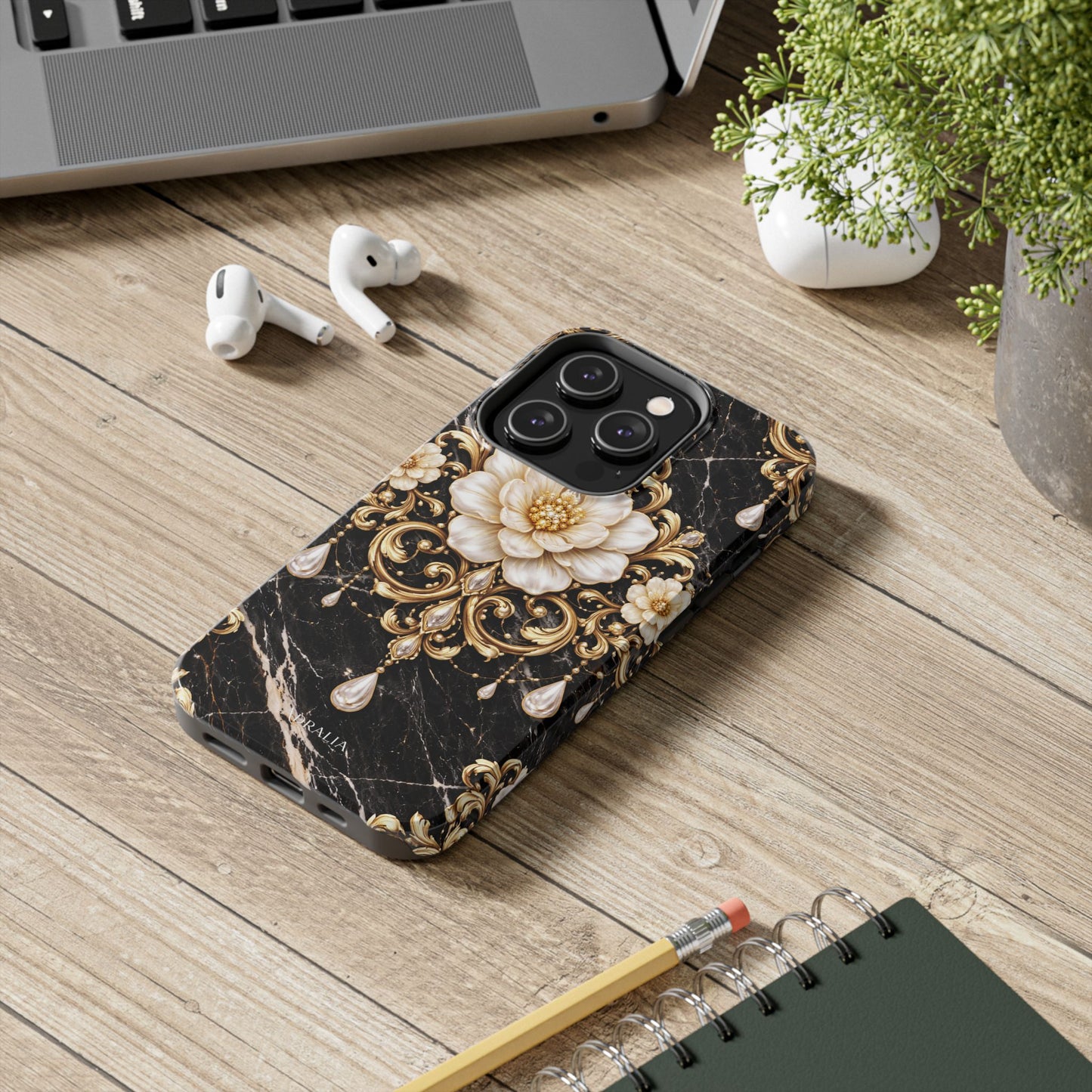 Phone Case — Black Marble Floral Baroque Tough Protective Cover