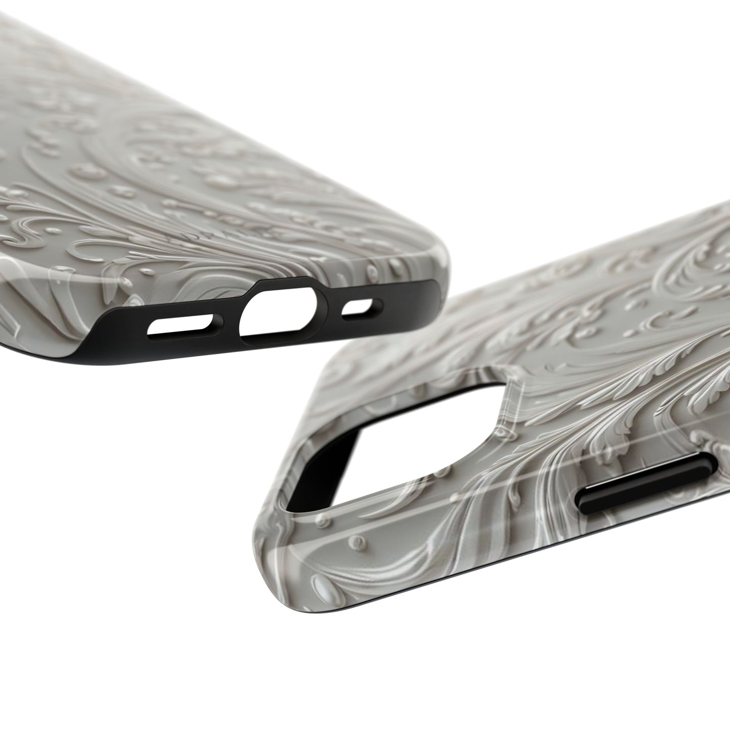 Ornate Baroque Relief Tough Phone Case — Gray Floral Scroll Protective Cover