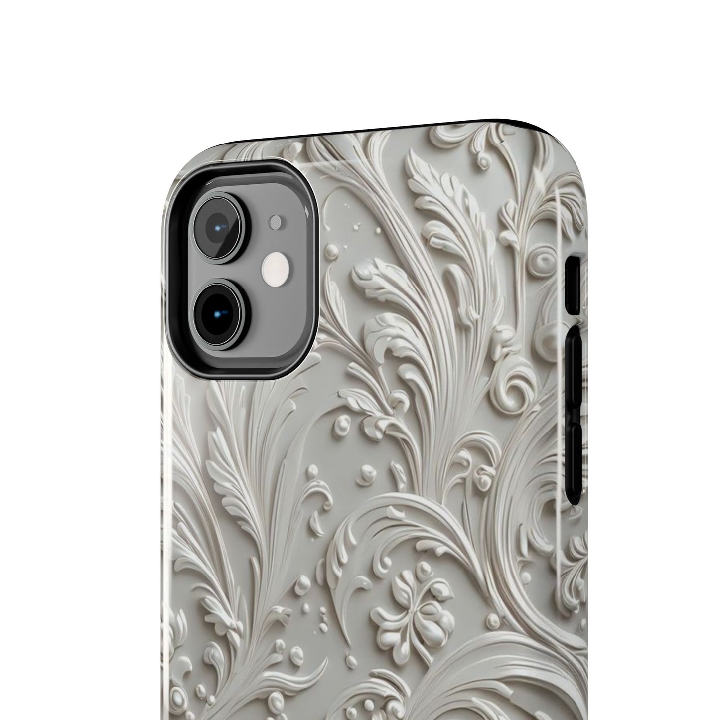 Ornate Baroque Relief Tough Phone Case — Gray Floral Scroll Protective Cover
