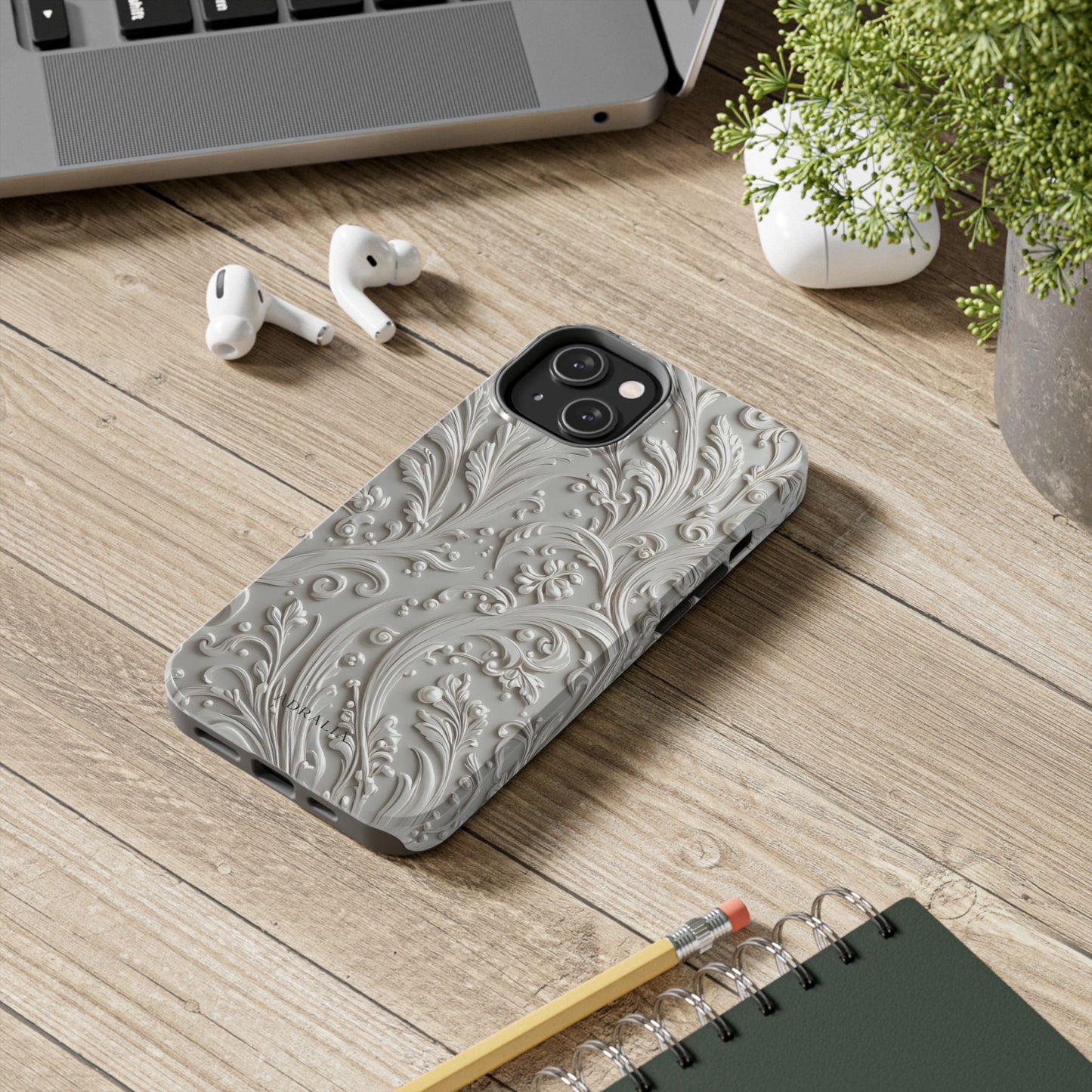 Ornate Baroque Relief Tough Phone Case — Gray Floral Scroll Protective Cover