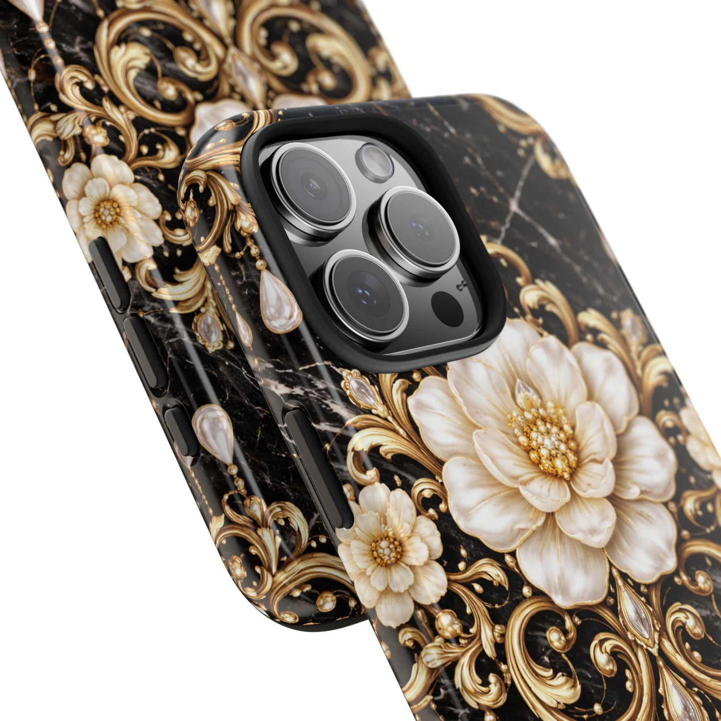 Phone Case — Black Marble Floral Baroque Tough Protective Cover