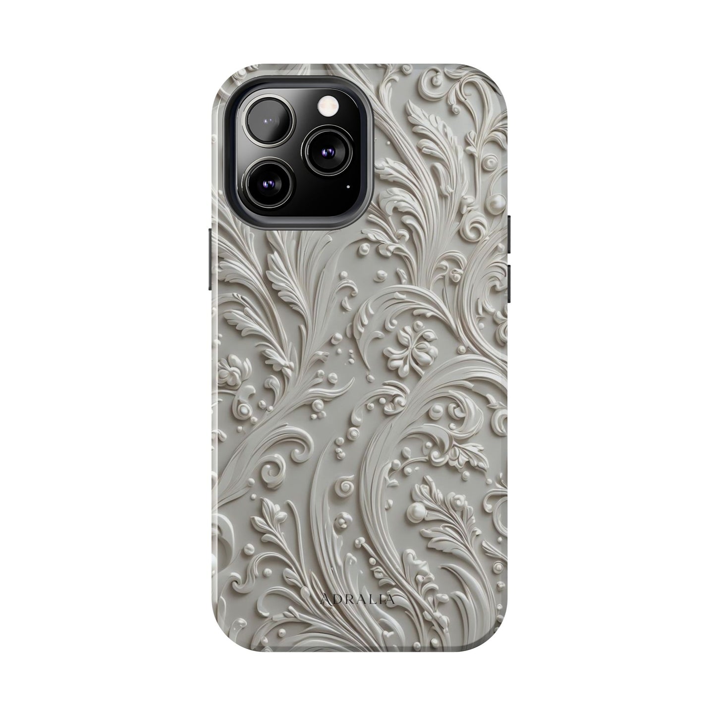 Ornate Baroque Relief Tough Phone Case — Gray Floral Scroll Protective Cover