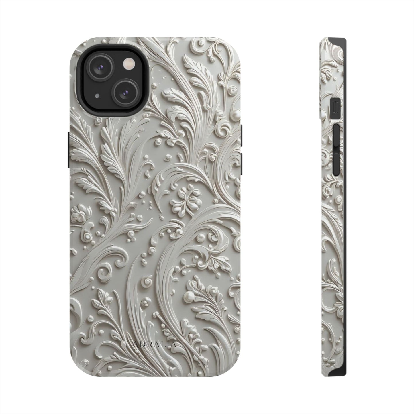 Ornate Baroque Relief Tough Phone Case — Gray Floral Scroll Protective Cover