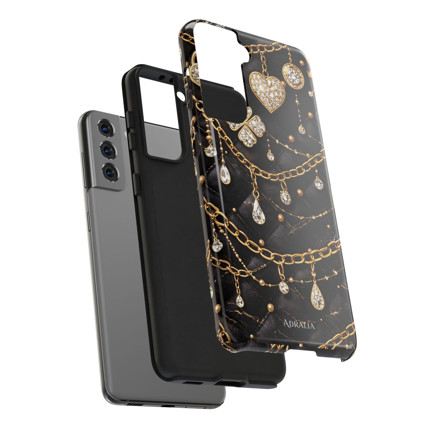 Quilted Black Luxe Phone Case — Gold Chain & Jewel Charm Design