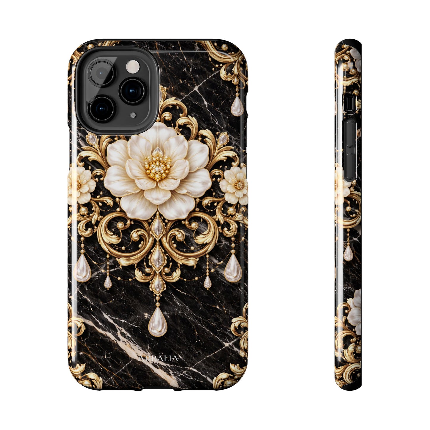 Phone Case — Black Marble Floral Baroque Tough Protective Cover