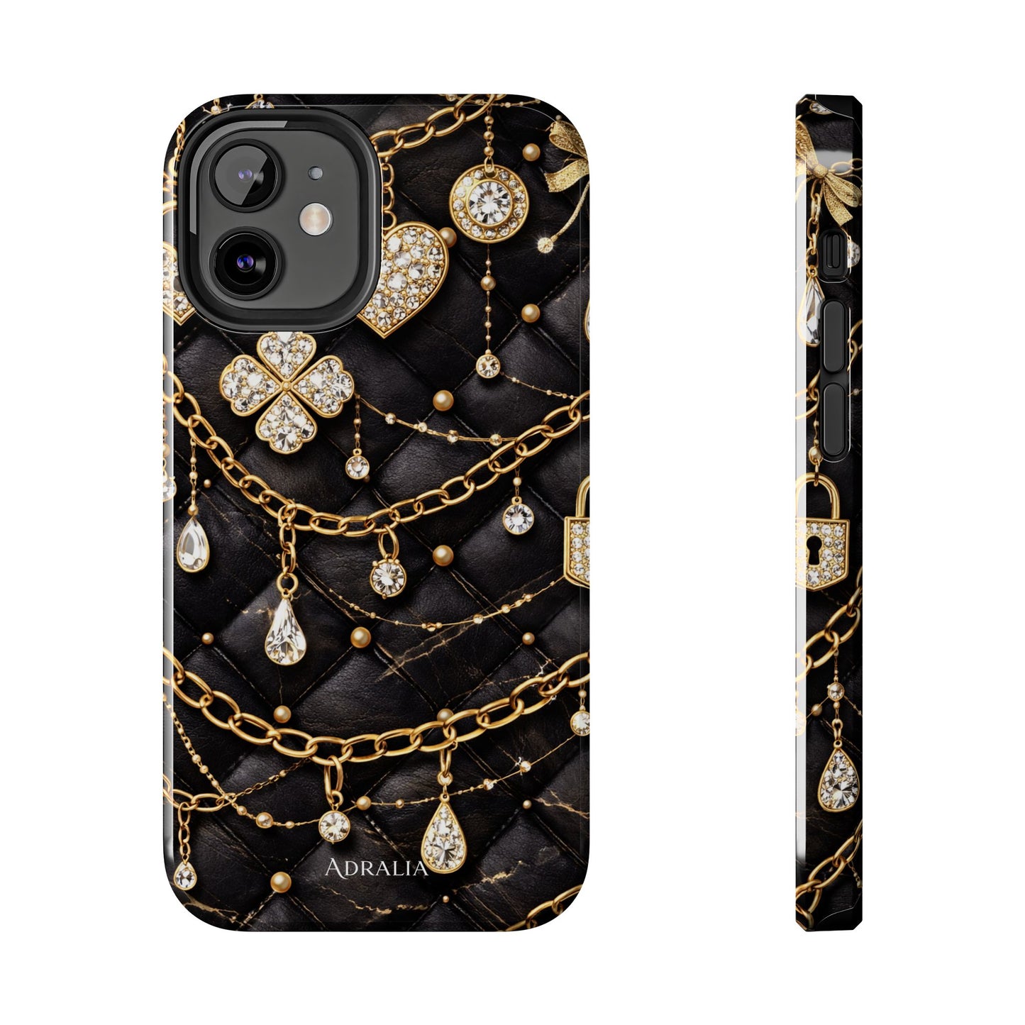 Quilted Black Luxe Phone Case — Gold Chain & Jewel Charm Design