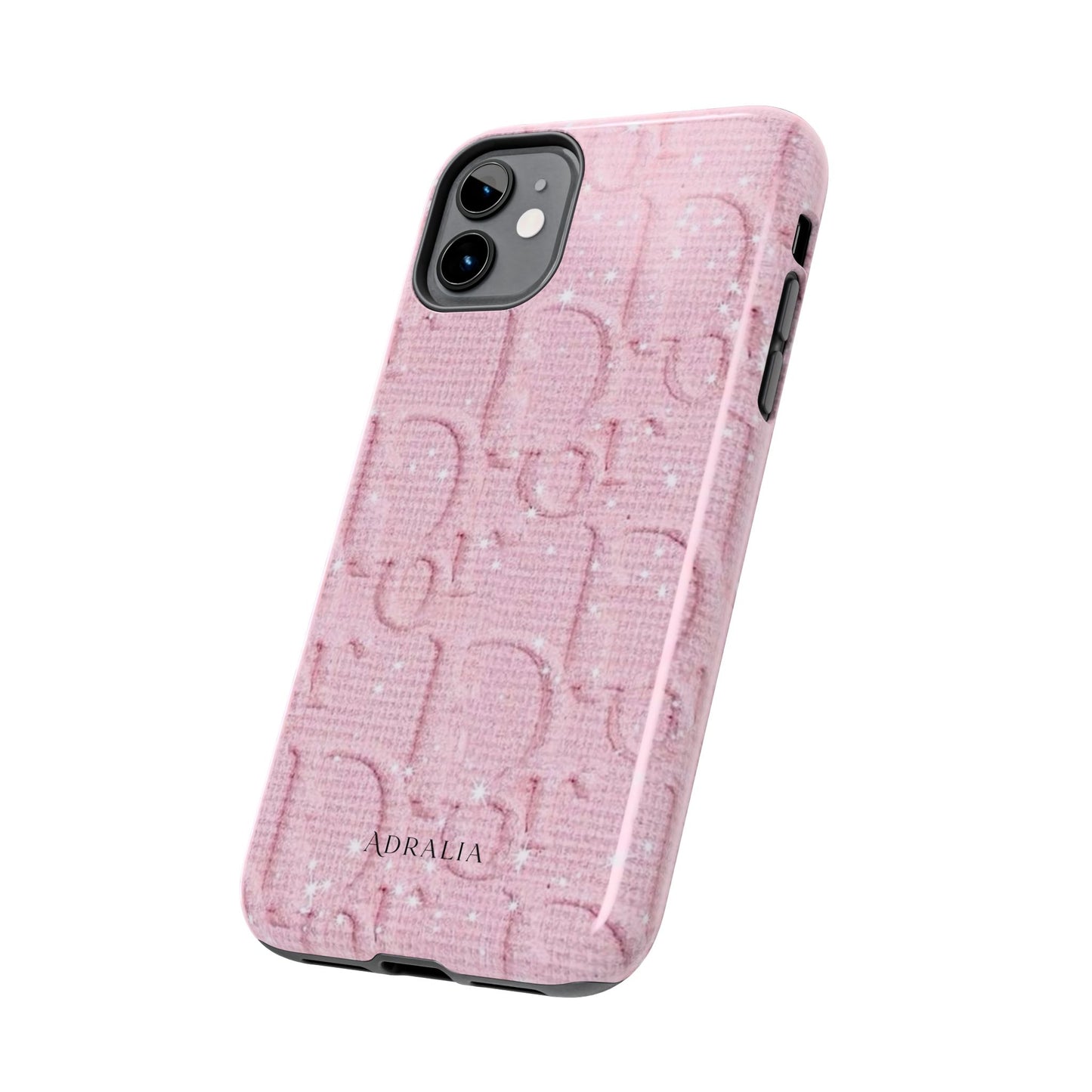 Pink Embossed Tough Phone Case – 'Adralia' Glitter Monogram Protective Cover