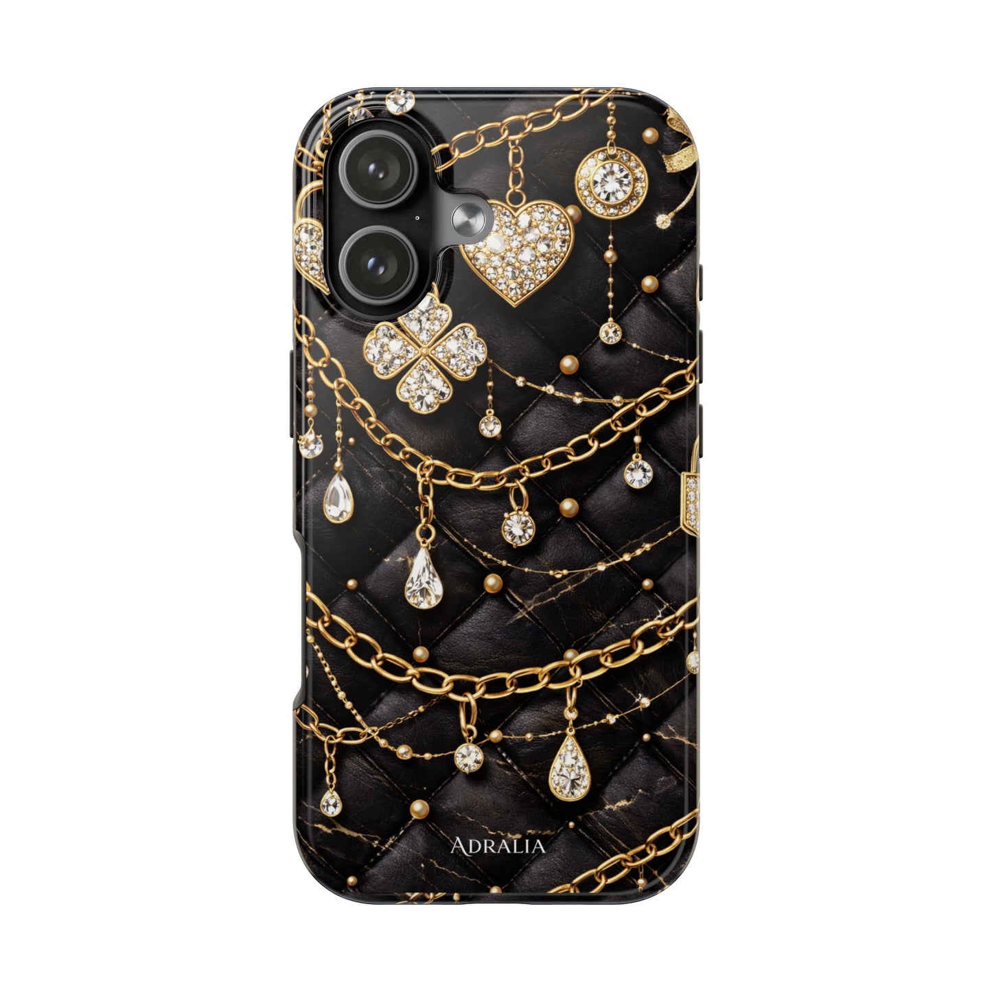 Quilted Black Luxe Phone Case — Gold Chain & Jewel Charm Design