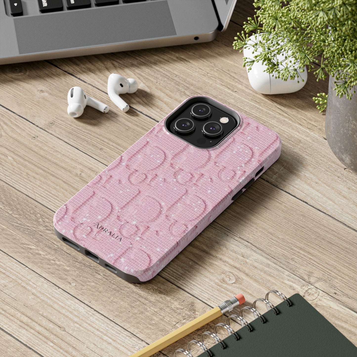 Pink Embossed Tough Phone Case – 'Adralia' Glitter Monogram Protective Cover
